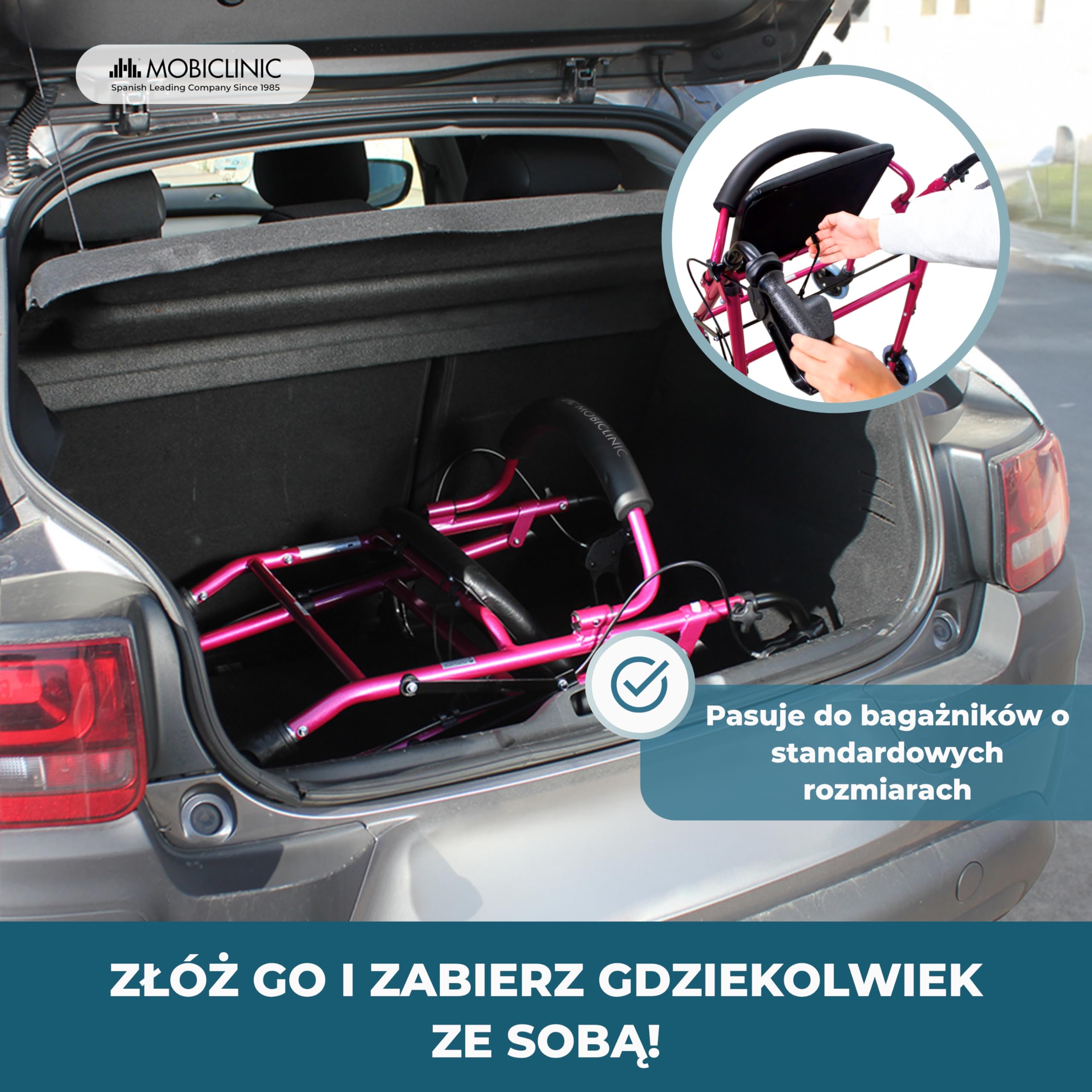 Chodzik | Składany | Aluminium | Hamulce na dźwigniach | Siedzisko i oparcie | 4 koła | Różowy | Escorial | Mobiclinic