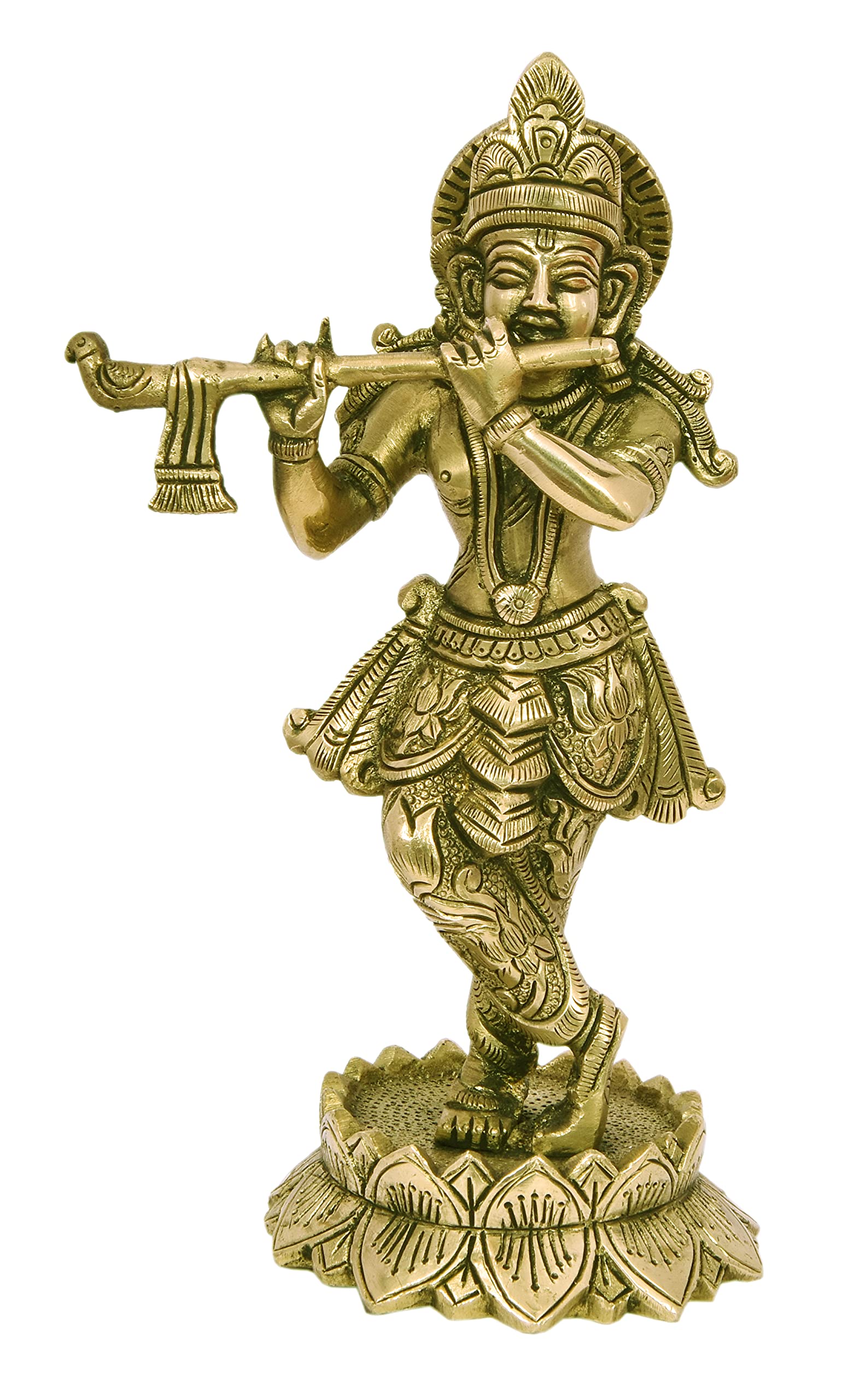 NexploraIndustries Pvt. Ltd. Brass Krishna on Lotus Statue Idol Showpiece in Glossy Antique Finish, Height 20 cm