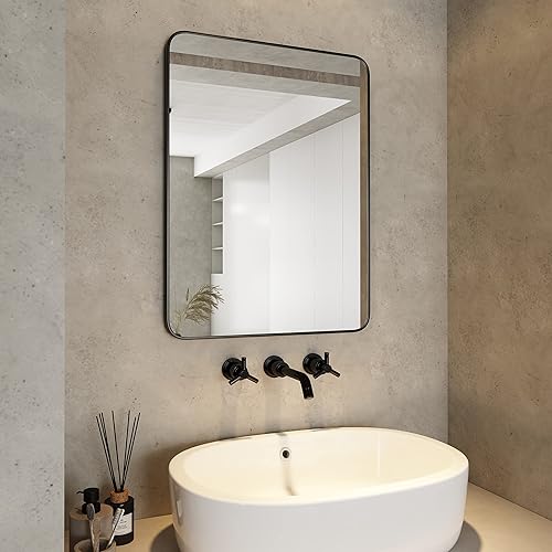 Miniatura 9 de Espejo de montaje en pared para baño, marco de metal negro, esquina redondeada, espejo de tocador de baño, espejo colgante decorativo, para sala de