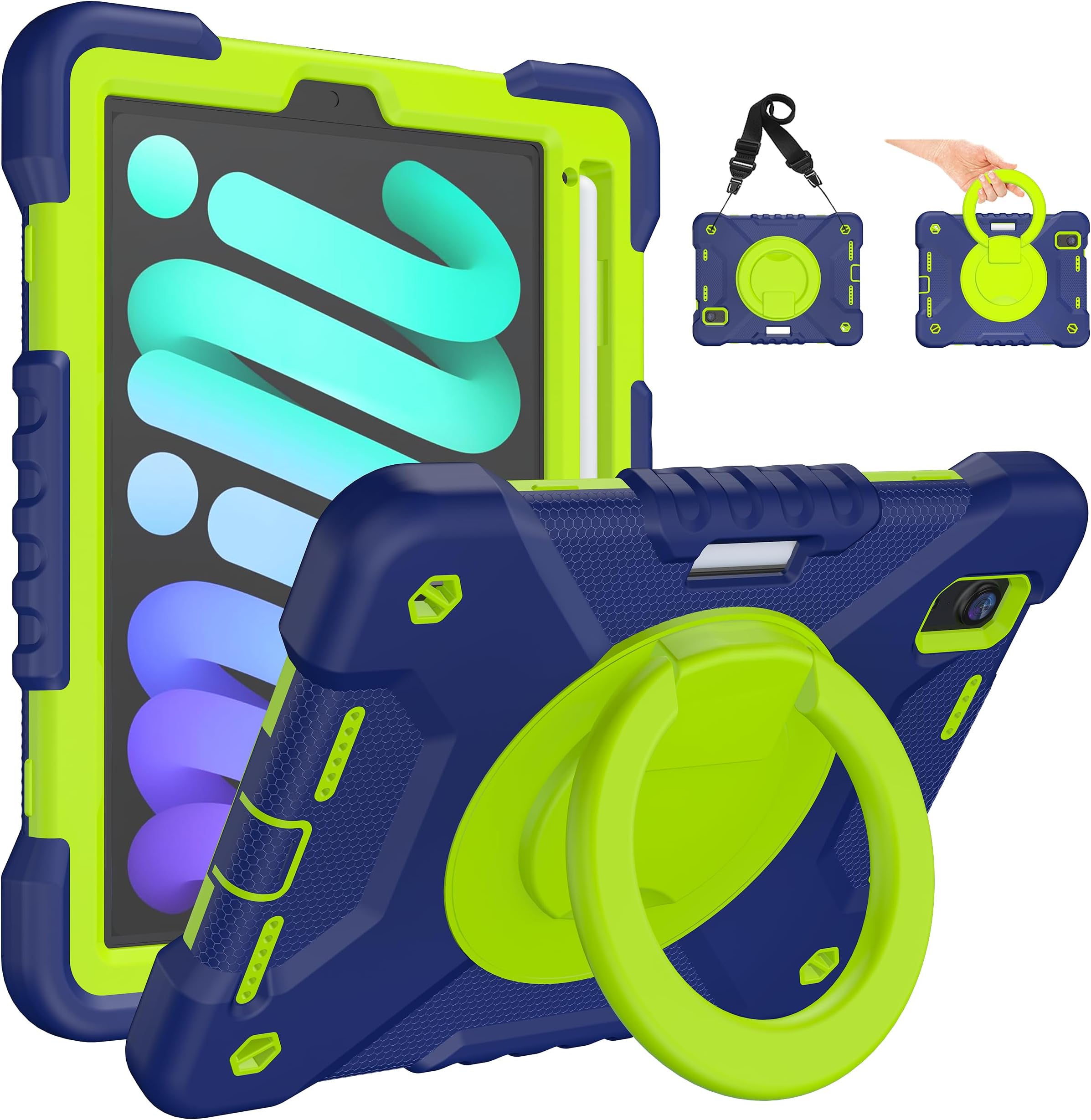 Case for 2024 iPad mini 7 A17 Pro/2021 Mini 6 8.3 Inch Case with Built-in Pencil Holder/360° Rotating Handle Stand, Drop-Proof Cover for iPad mini 7th/6th Generation 8.3", Navy+Green