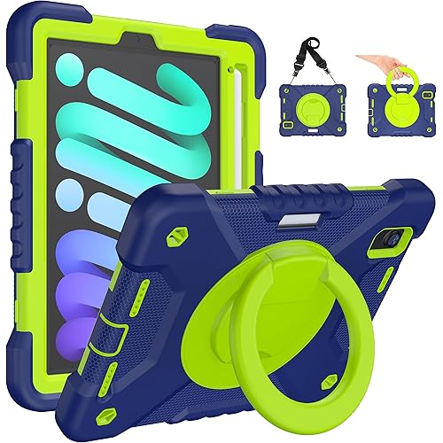 Case for 2024 iPad mini 7 A17 Pro/2021 Mini 6 8.3 Inch Case with Built-in Pencil Holder/360° Rotating Handle Stand, Drop-Proof Cover for iPad mini 7th/6th Generation 8.3", Navy+Green