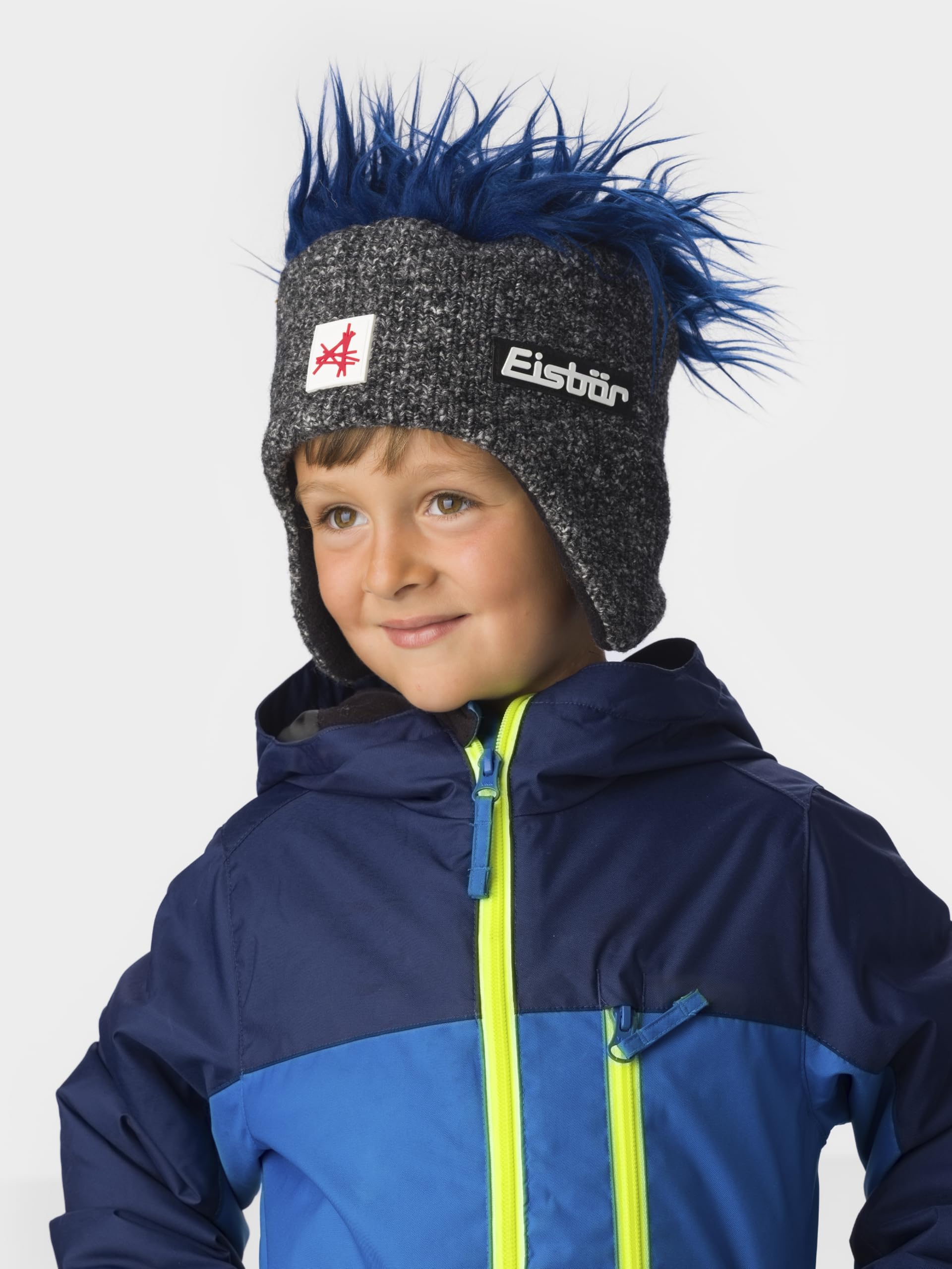 Eisbär Czapka Penny Ski Austria Kids - czapka z włosami (niebieska) dla chłopców i dziewczynek - 55 cm (7-8 lat) - oddychająca, ciepła czapka sportowa z ochroną uszu, czapka dziecięca, miękka, ciepła