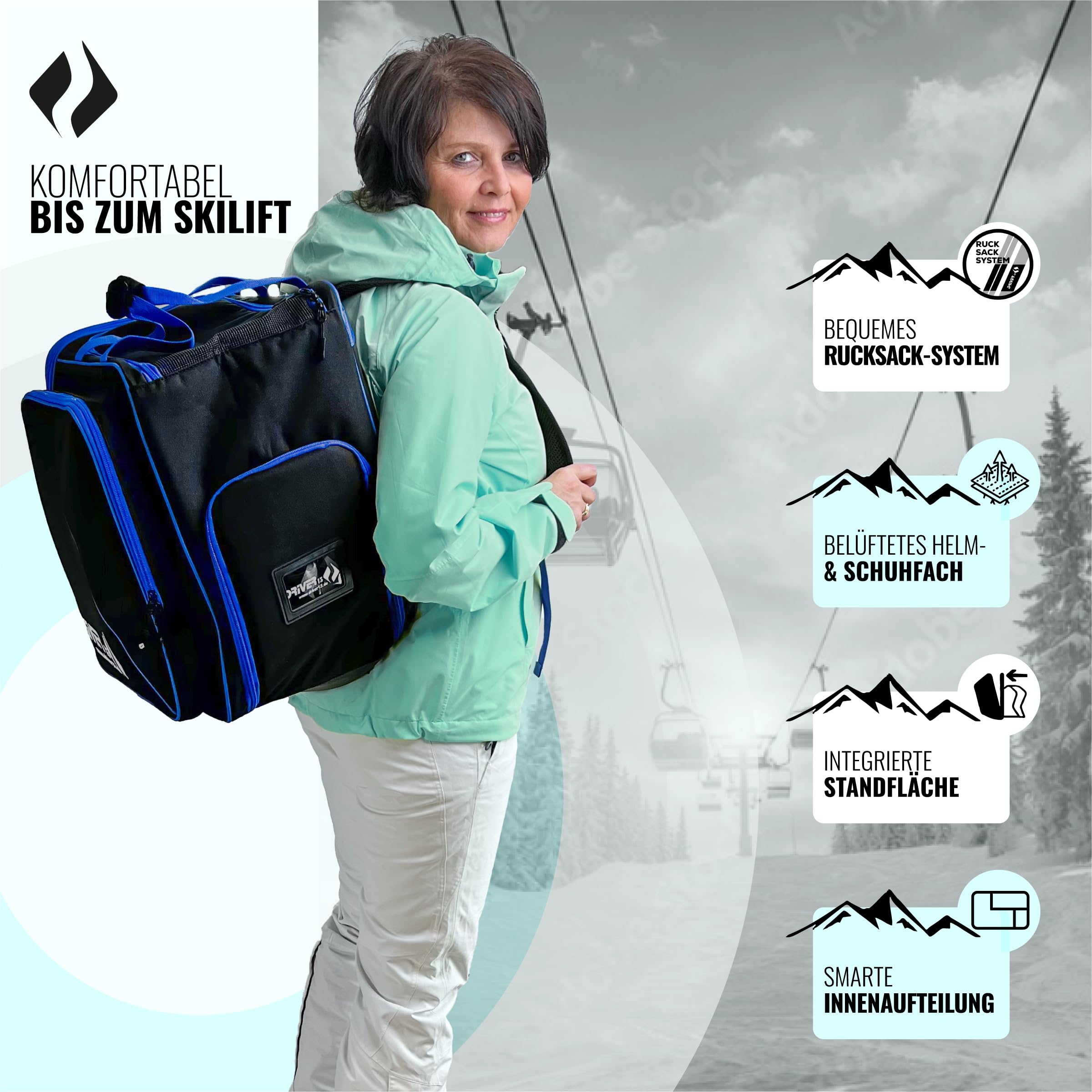 Driver13 ® Mochila para Botas de esquí con Compartimento para Casco + Mochila para Botas de esquí con Compartimento para Casco Duro + Botas de Snowboard + Bolsa para Botas Negro-Azul