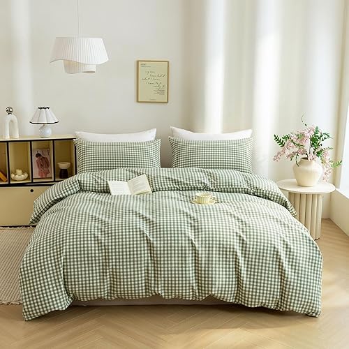Green Gingham Duvet Cover King 100% Washed Cotton Plaid Duvet