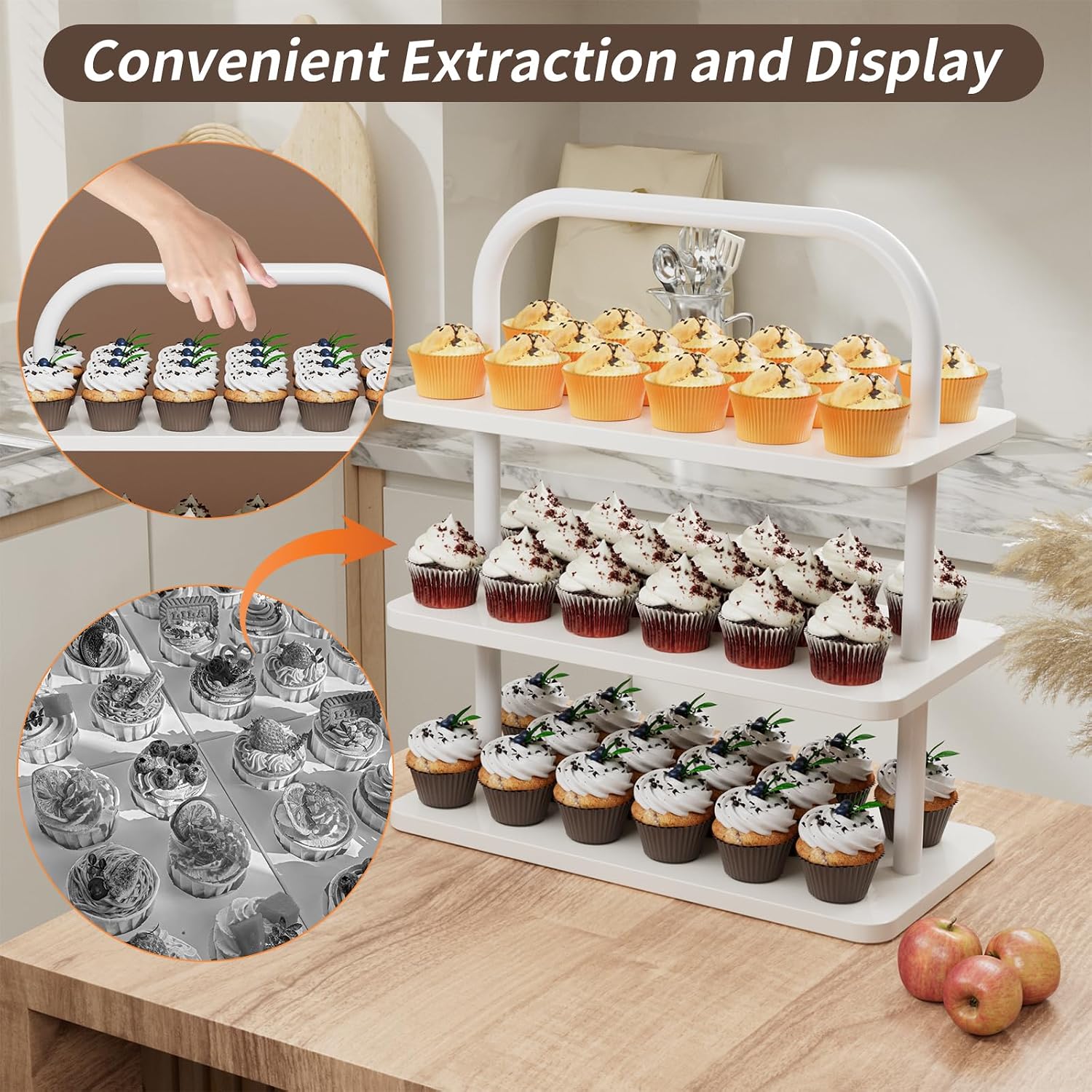 Cupcake Stand, Cupcake Tower 3 Tier,Tiered Cupcake Tower Stand for Birthdays, Weddings, and Celebrations, Sturdy Dessert Holder Stand with Wood&Iron, Wood Cupcake Stand for Desserts, and More