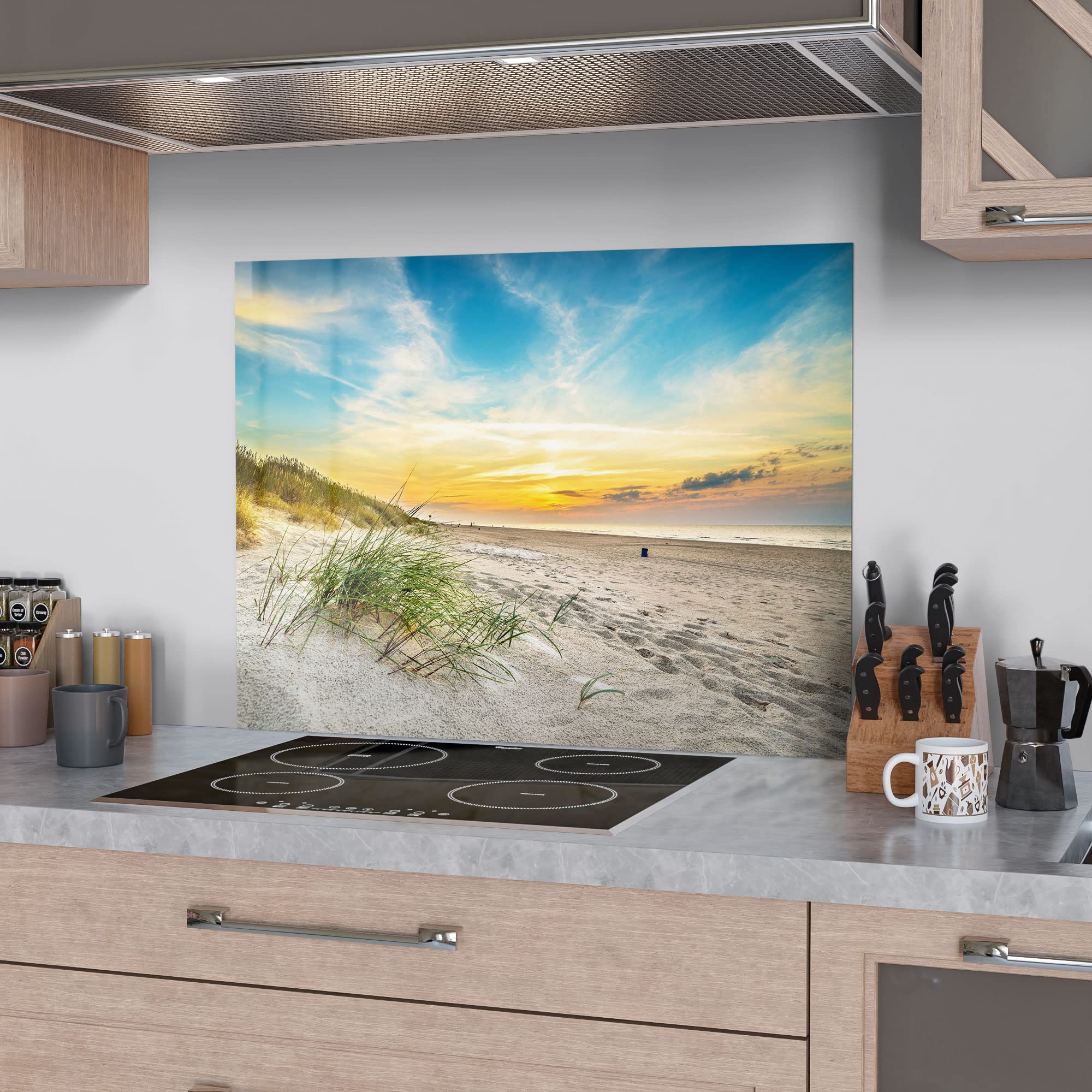 DEQORI Panneau Arrière Cuisine Verre 80x60 Cm - Motif Plage Dunes Baltique - Protection Anti-Éclaboussures