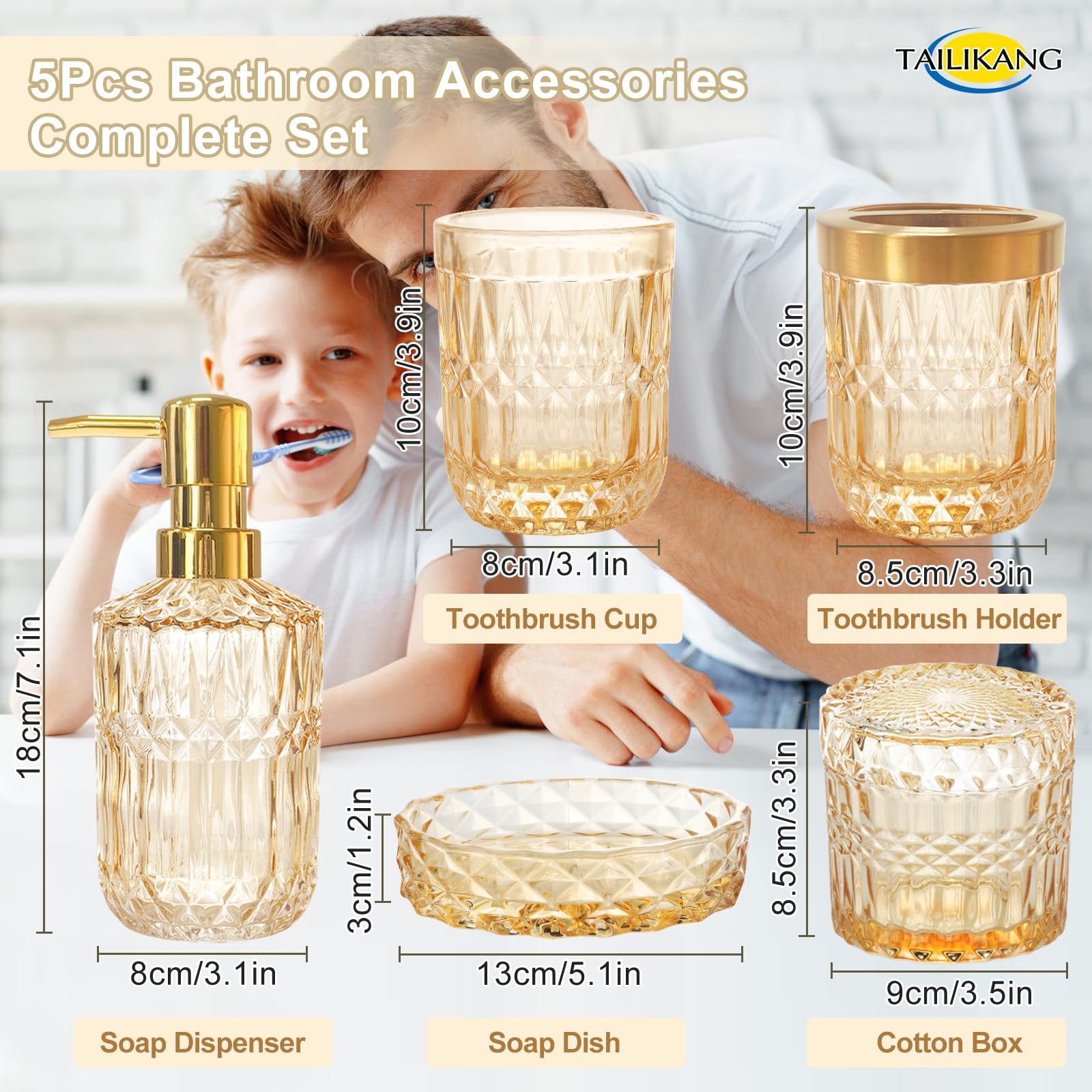 Set di accessori da bagno in vetro dorato, set completo di 5 accessori da bagno, decorazione moderna per il bagno con dispenser di sapone, piatto, portaspazzolino, bicchiere, bastoncini di cotone