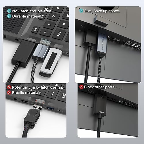 Miniatura 6 de Warrky Paquete de 2 adaptadores de cable DisplayPort a HDMI 4K de 3.3 pies carcasa de aluminio, trenzado de nailon de alta velocidad (1440P 60Hz,