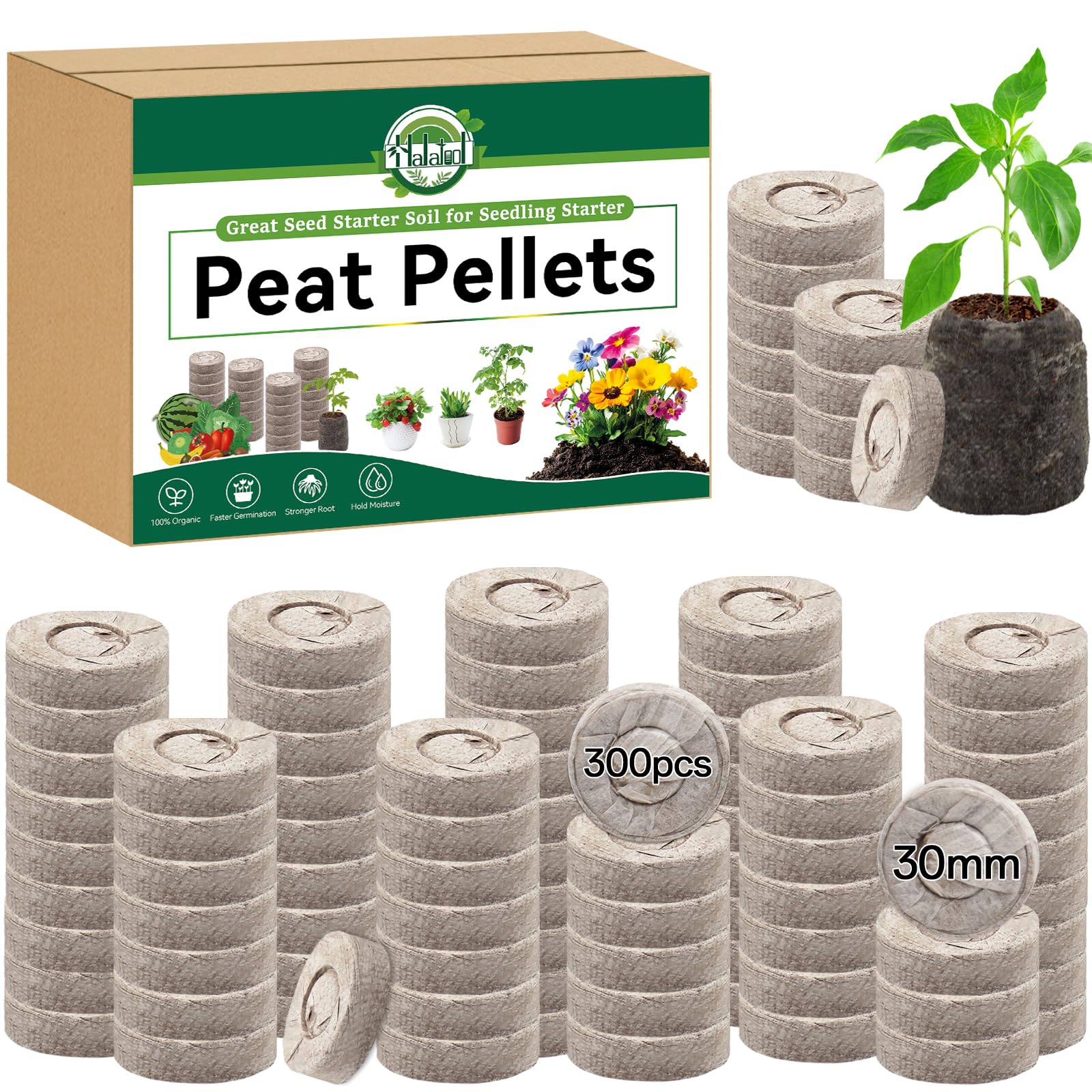 Halatool 300 Pcs 30mm Peat Pellets for Seedlings, Seed Starter Soil