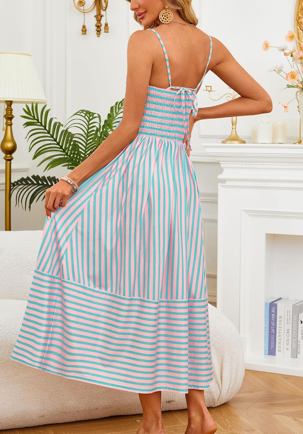 Fashionme Womens Summer Maxi Dresses 2026 Trendy Striped Vacation Boho Beach Spaghetti Strap Sundress Back Tie with Pockets - Image 2