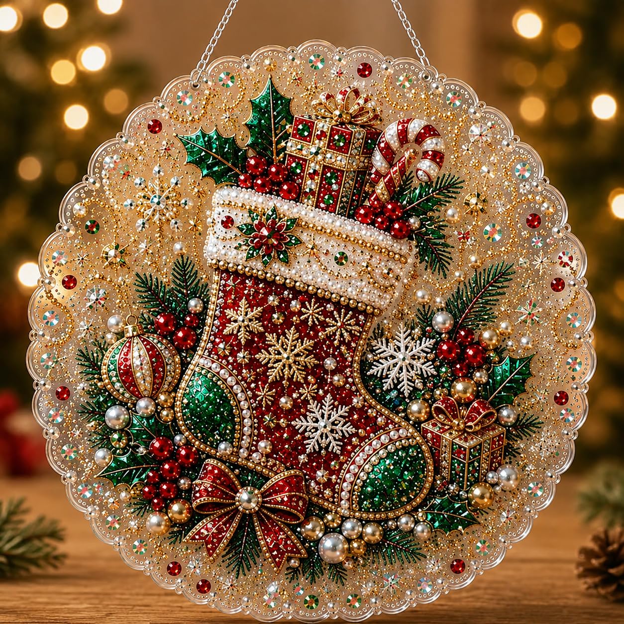Christmas Pearl Art Suncatcher Kit, Pearl Art Christmas DIY Craft (Red-D)