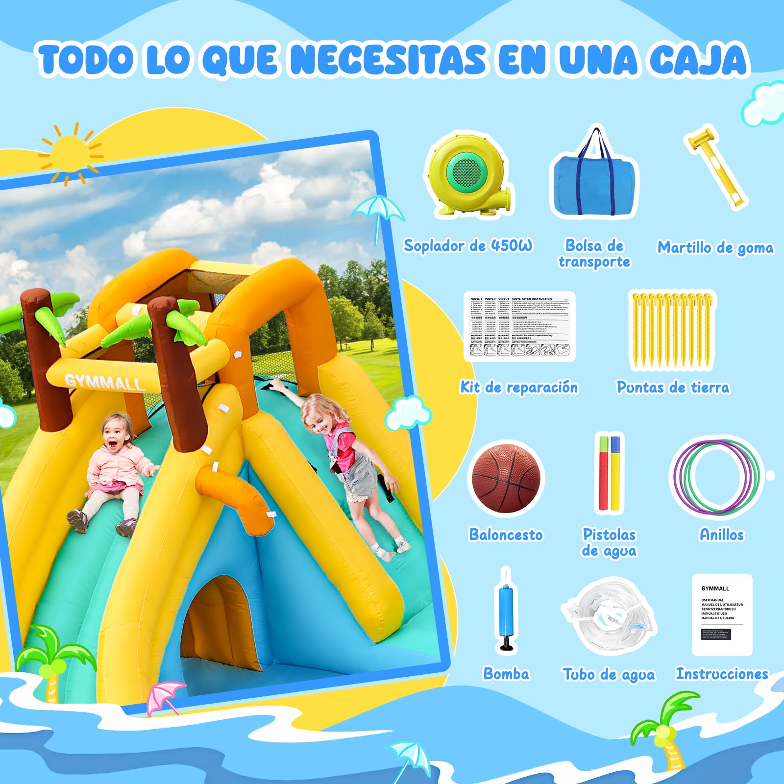 Tobogán Inflable de Agua con Ventilador 450W - Castillo Hinchable 10-en-1 para Niños en Interior y Exterior con Piscina, Aspersores y Tobogán Largo