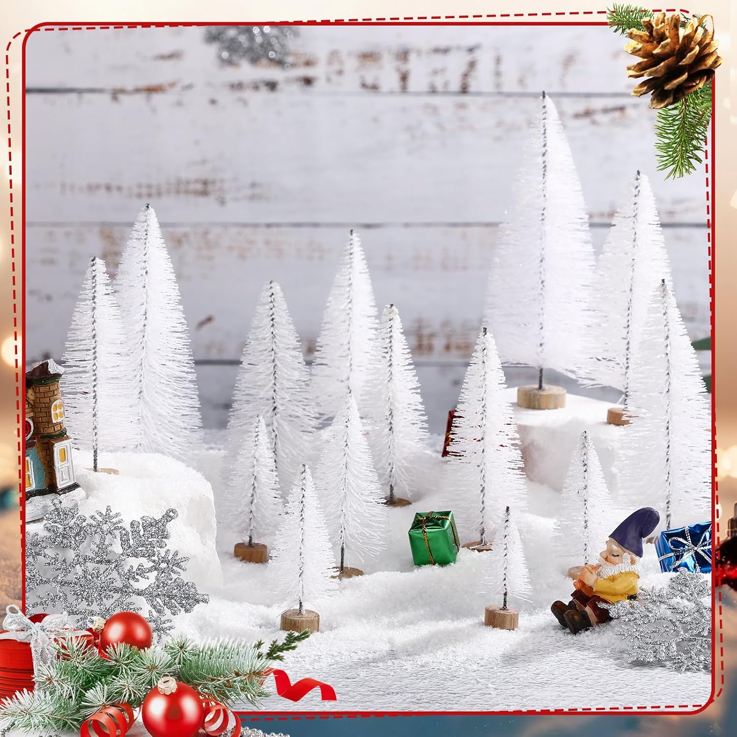 SATINIOR 200 Pieces 6 Sizes Artificial Mini Christmas Tree Sisal Snow Trees Bottle Brush Christmas Trees Pine Trees Ornaments with Wooden Base for Home Christmas Winter Party Decoration(White)