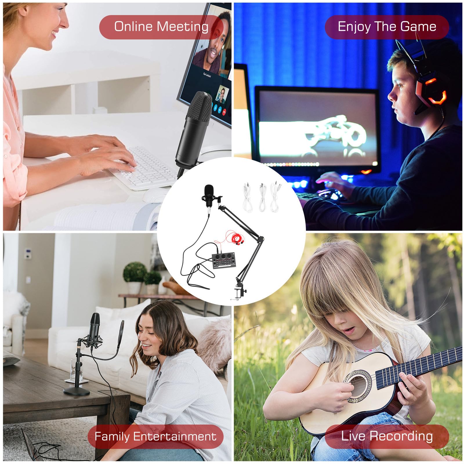 Cabilock 11 Pezzi Kit Microfono Scheda Audio, Nero, Metallo e Plastica, Batteria 1765 Mah, per Webcast e Game Voice, Facile da Installare, Braccio a Sbalzo