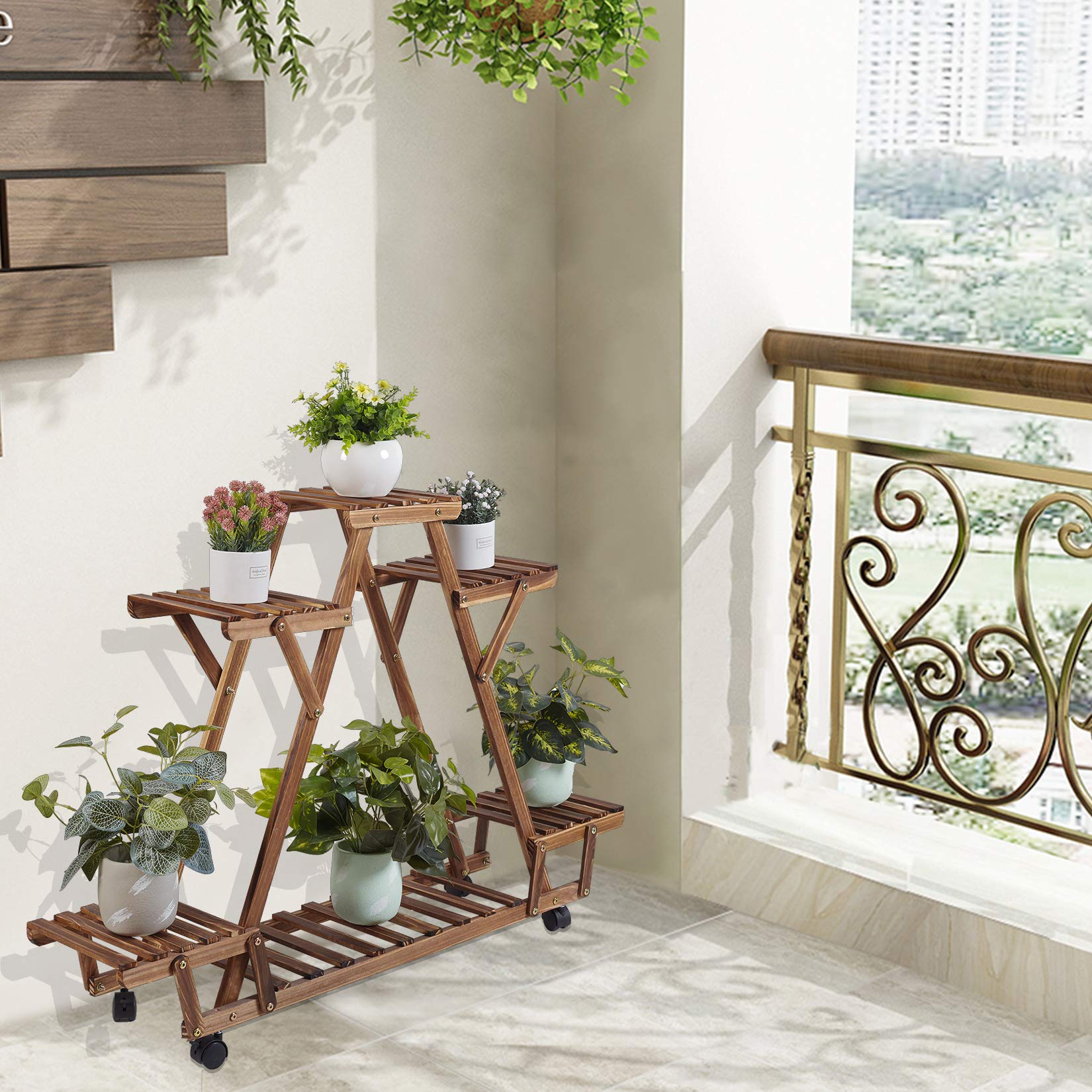 unho Porte Plante à Roulettes, Étagère Plantes Bois avec 6 Tablettes, Support Pot de Plante, Capacité de Charge Max 38kg, Conçu Pour Jardin, Balcon, Terrasse - 91x81x25cm