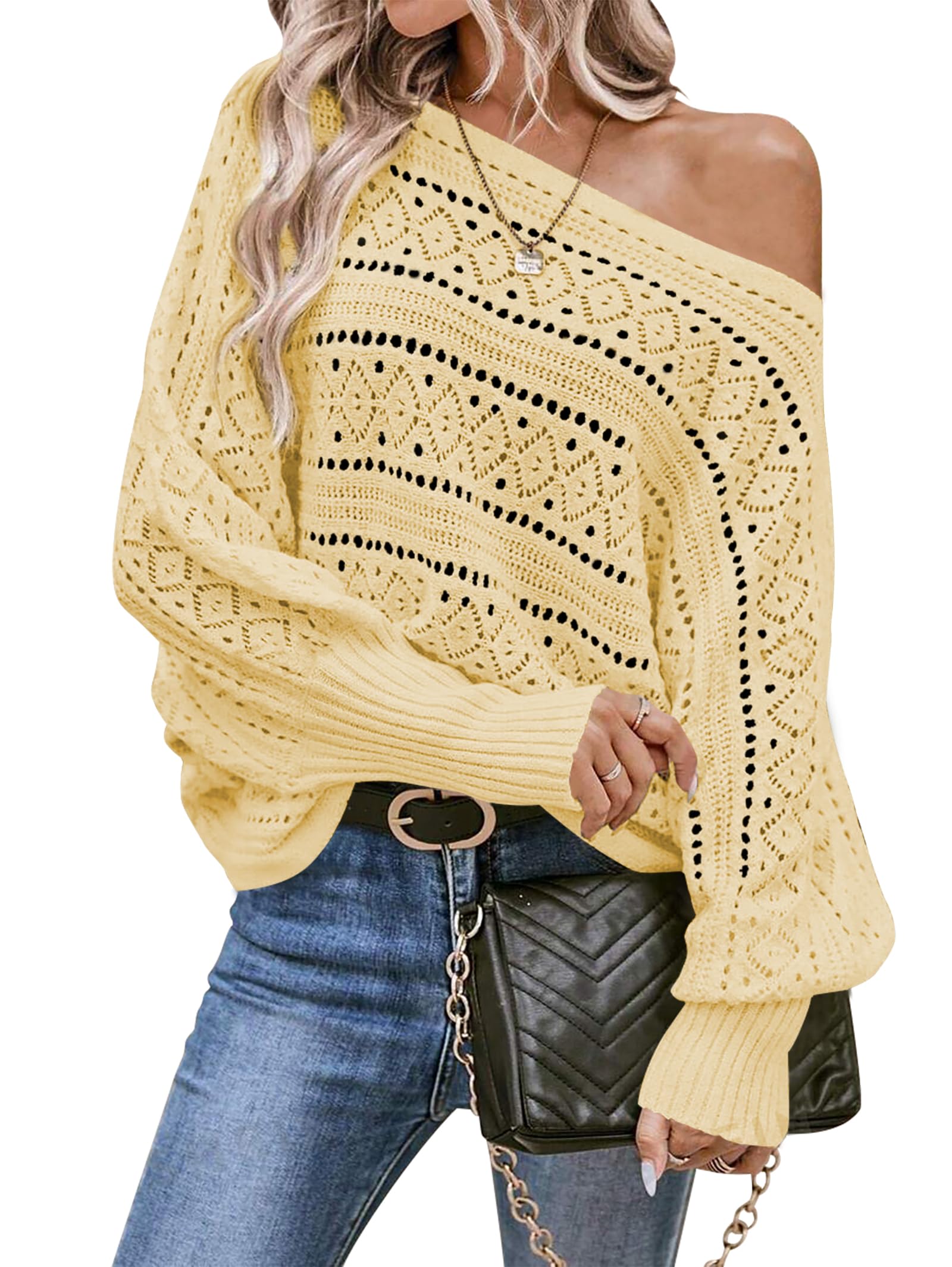 Cakulo Womens Off Shoulder Crochet Sweater Top 2025 Fall Fashion Batwing Long Sleeve Sweaters Outfits Yellow XL