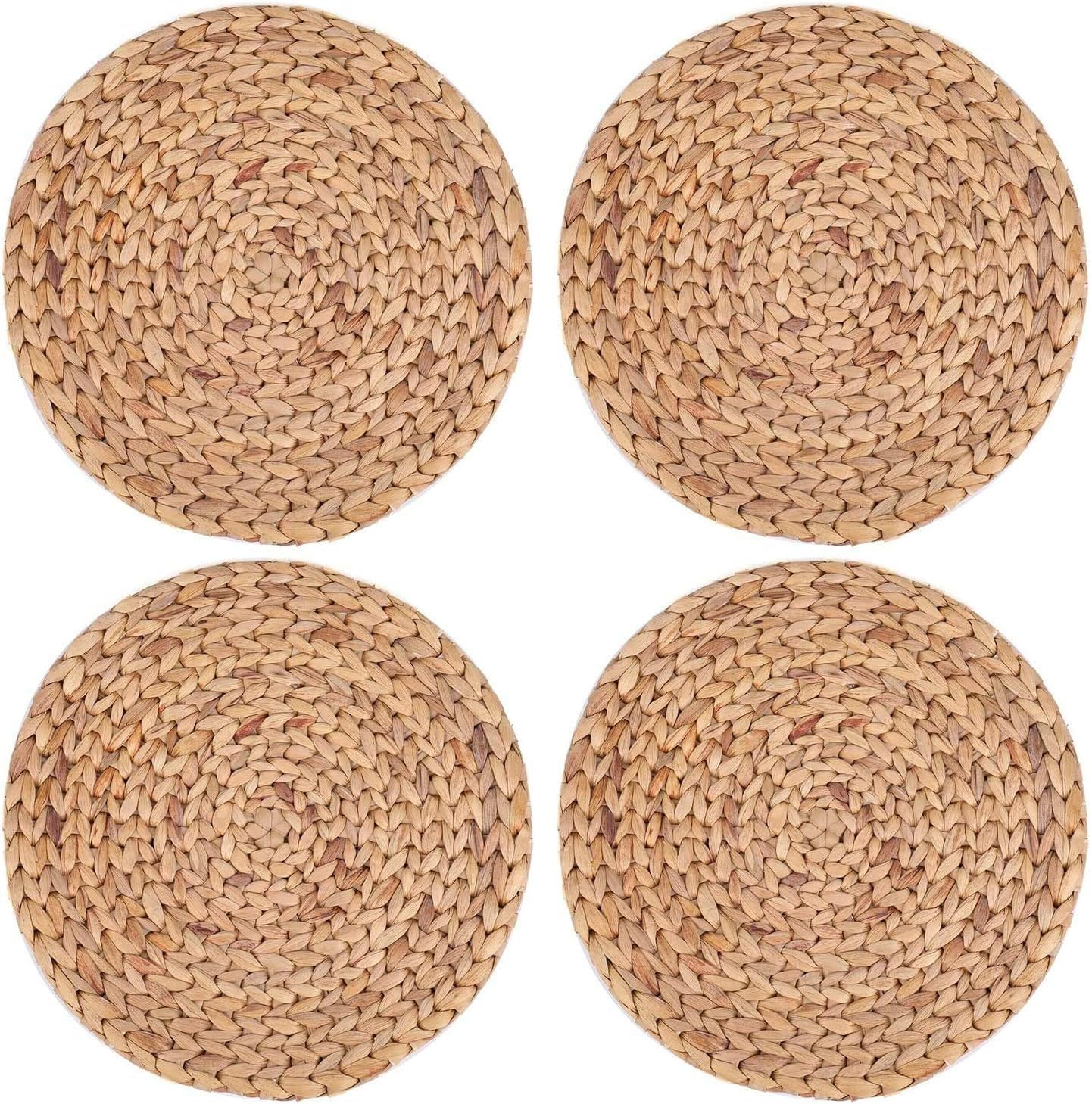 4PCS 11.8'' Rattan Tablemats - Natural Round Braided Water Hyacinth Weave Placemat - No-Slip Wooden Heat Resistant Mats for Table, Coasters, Pots, Pans & Teapots in Kitchen