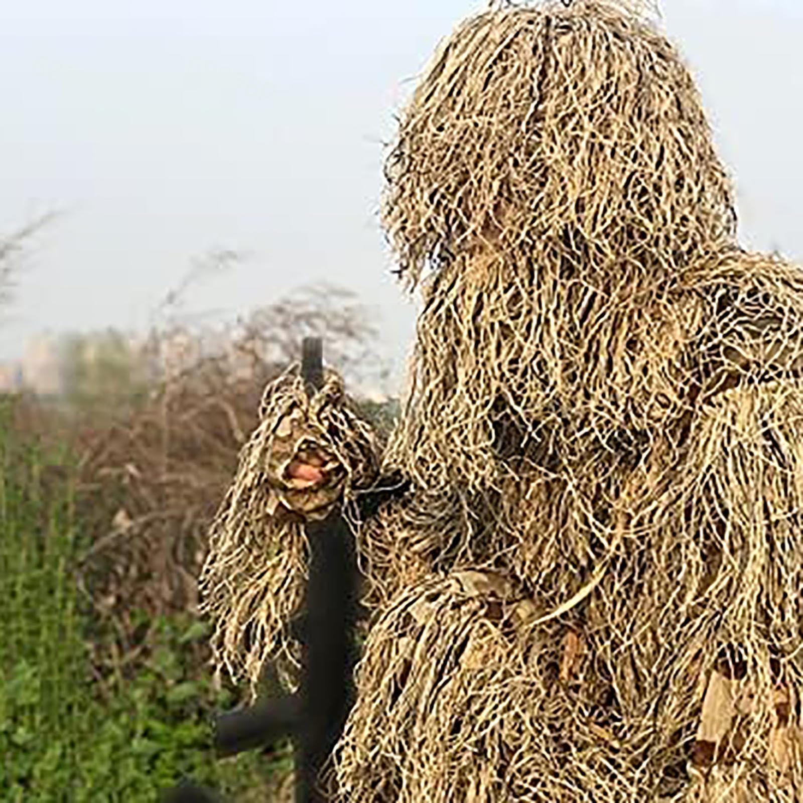 5-Teilige 3D Ghillie Suit Camouflage Jagdbekleidung Tarnanzug Herren Einschließlich Jacke,Hose,Kapuze,Tragetasche Tarnumhang für Paintball, Halloween-Kostüm,DryGrass-Adults