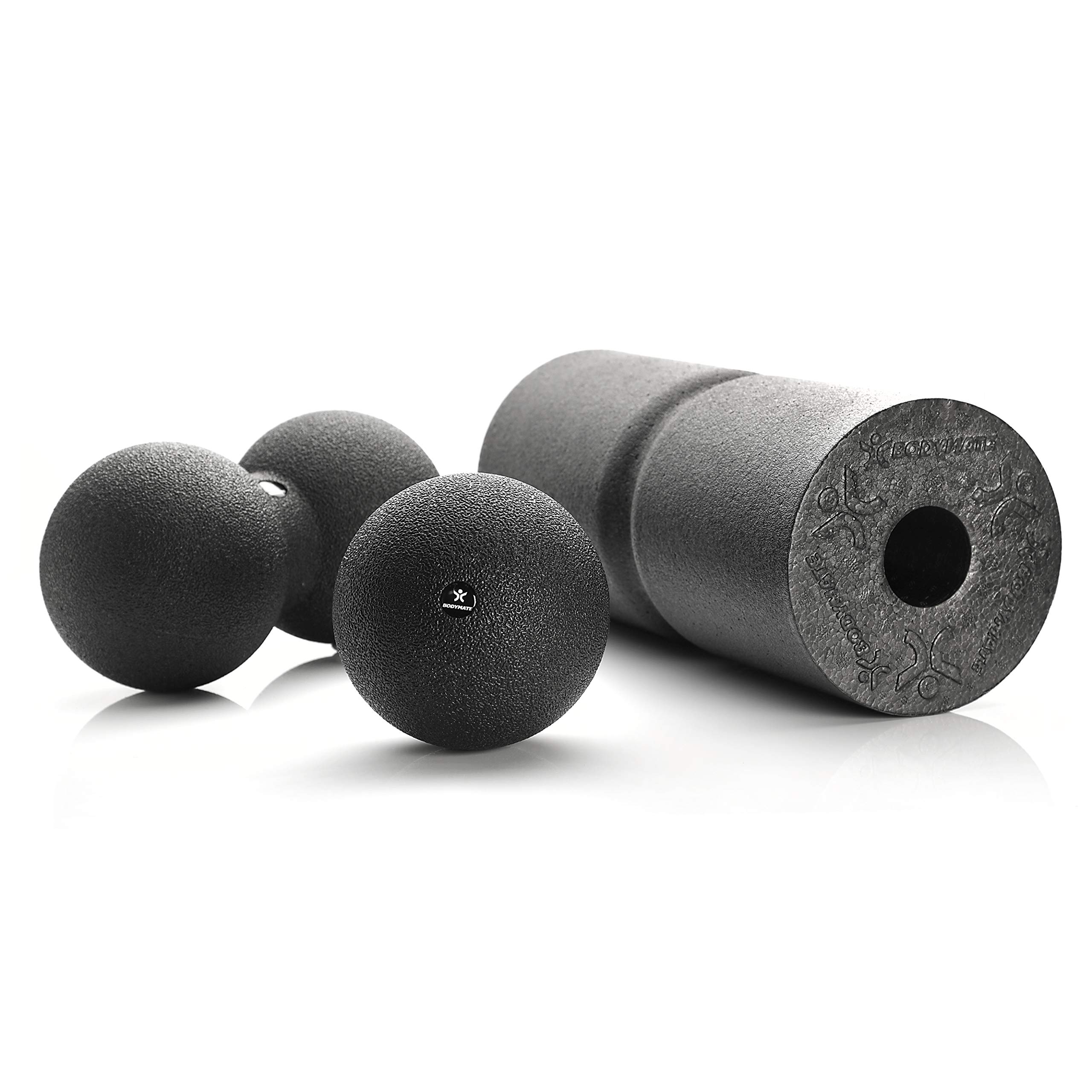 BODYMATE Set miofascial Care con Rodillo 35x14 cm de dureza Media con surco Circular para liberar la Columna Vertebral, Pelota Individual de 12 cm y Pelota Doble de 12x24 cm en Negro | Incluye e-Book