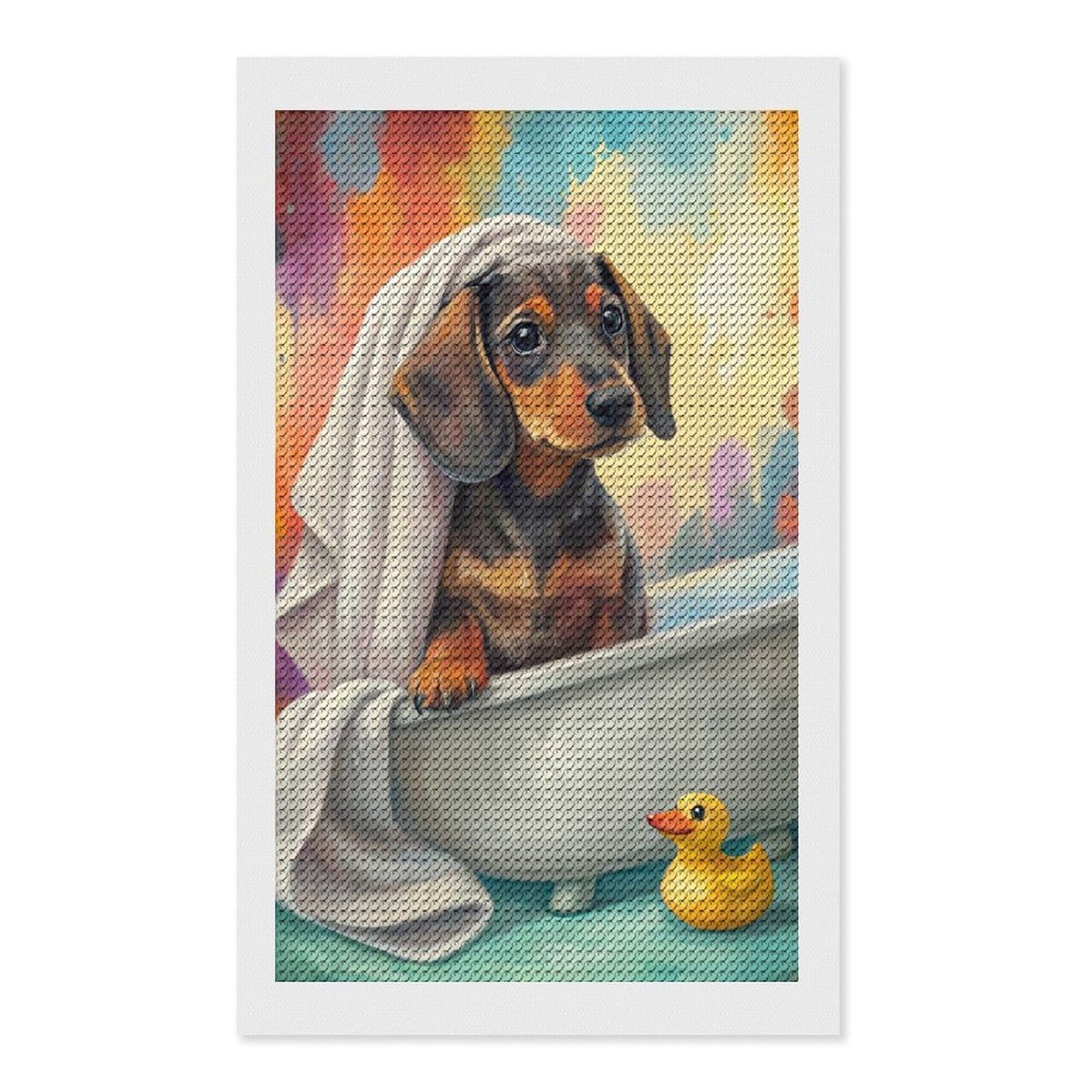 Junmoney Dachshund Puppy in Bathtub with Duck Diamond Painting Canvas Kit 12"x20", Relaxing DIY, Modern Decor, Aesthetic Room Decor, Home Wall Art, Wall Art Gift