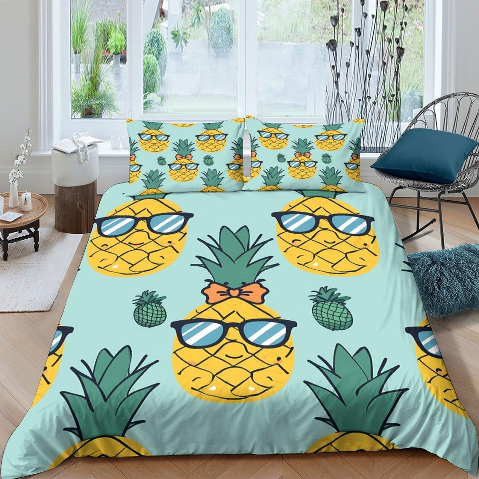 Ctjqhvkz Style-3 3D Printed Pineapple Sunglasses Fitted Sheet Microfiber Soft Yellow Cartoon Bed Sheet For Bedroom Guest Room Decor Single（135X200cm）