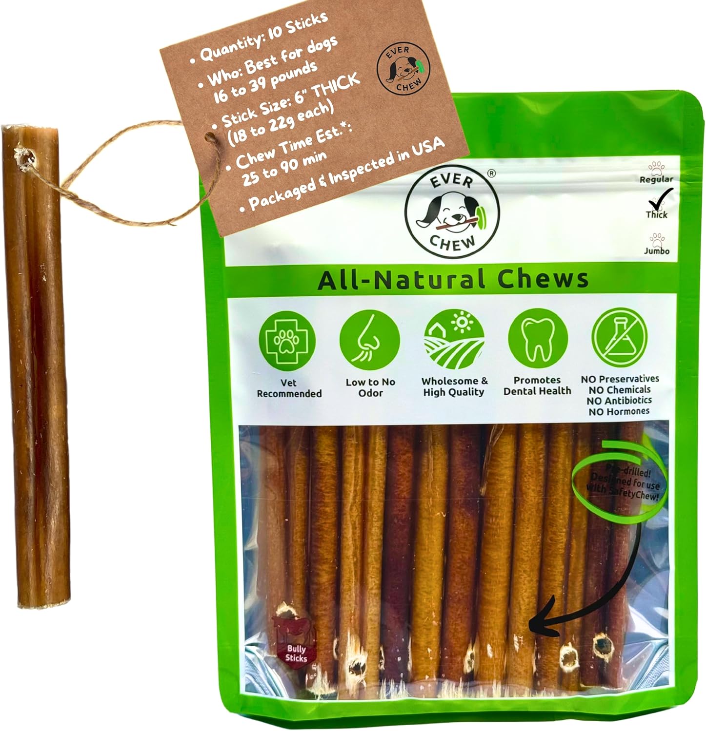 EverChew | Premium 6" Low-Odor Bully Stick Refill Packs – Free-Range, Grass-Fed, 100% Beef | 6" Thick - 10 Pack