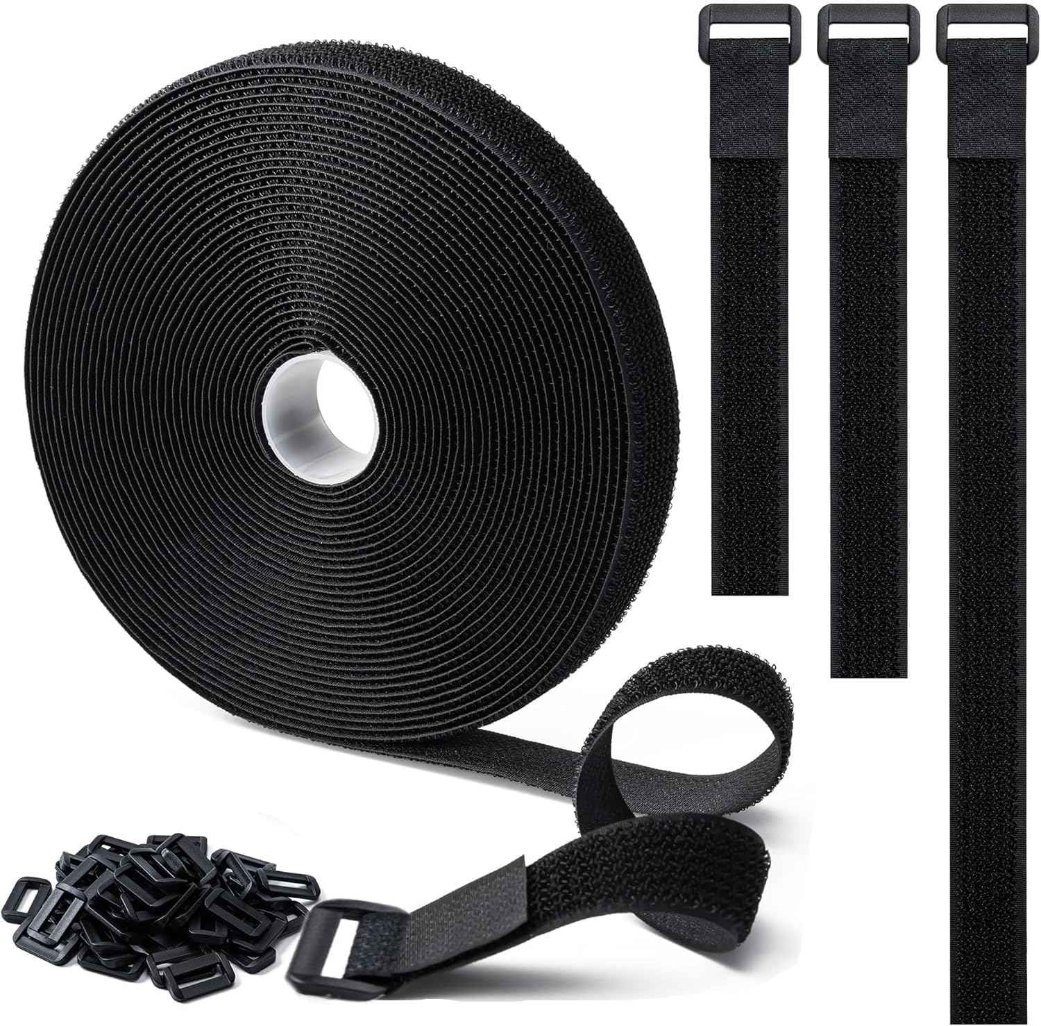 1" x32Ft Hook and Loop Straps with 50 Plastic Buckles, Adjustable Fastening Cable Straps, Free Cut Length, Reusable Nylon Cable Ties for Organizer or Storage, Black