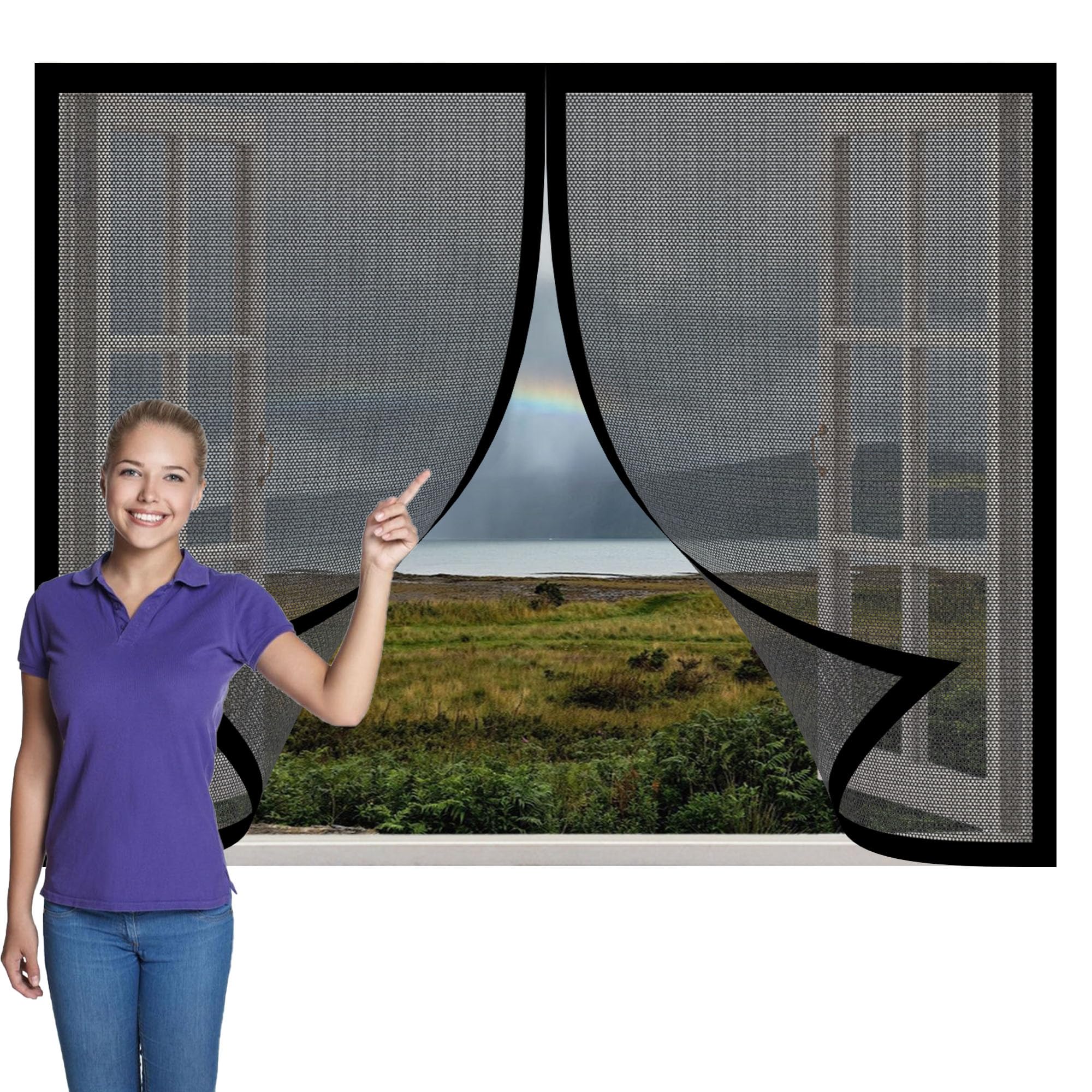 Magnetic Fly Screens Windows 135 x 115 cm Selfadhesive Tape Magnetic Window Fly Screens Excellent Ventilation While Blocking Bugs for Living Room Bedroom Offfice, Black