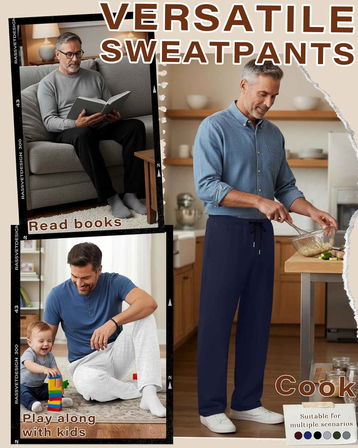 August Alley 5 Pack Men's Baggy Sweatpants Straight Leg Open Bottom Joggers Elastic Drawstring with Pocket Athletic Pants