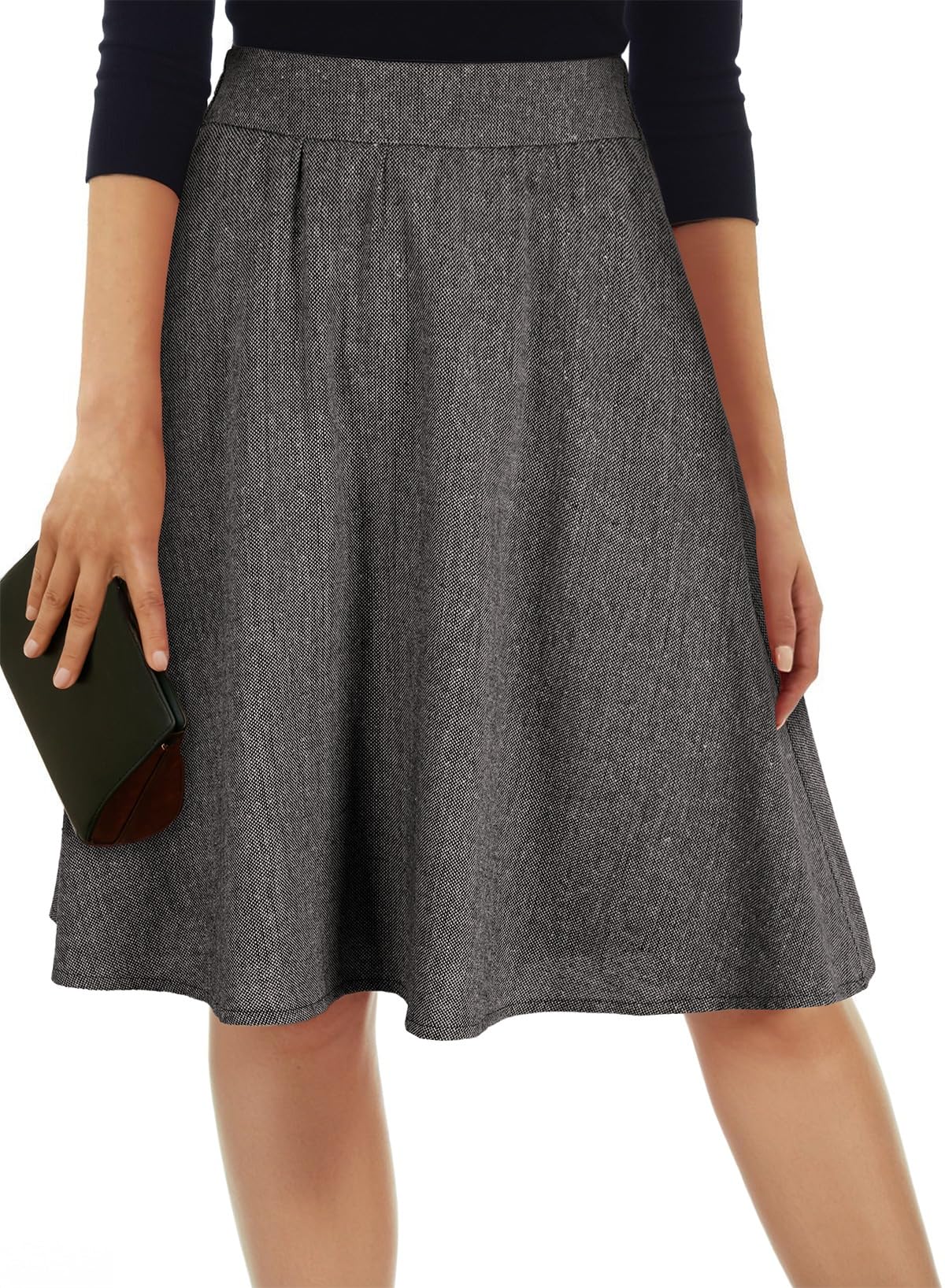Happy Sailed Womens Winter Fall Tweed High Waisted Flared Mini Skater Skirt A Line Pleated Midi Skirts