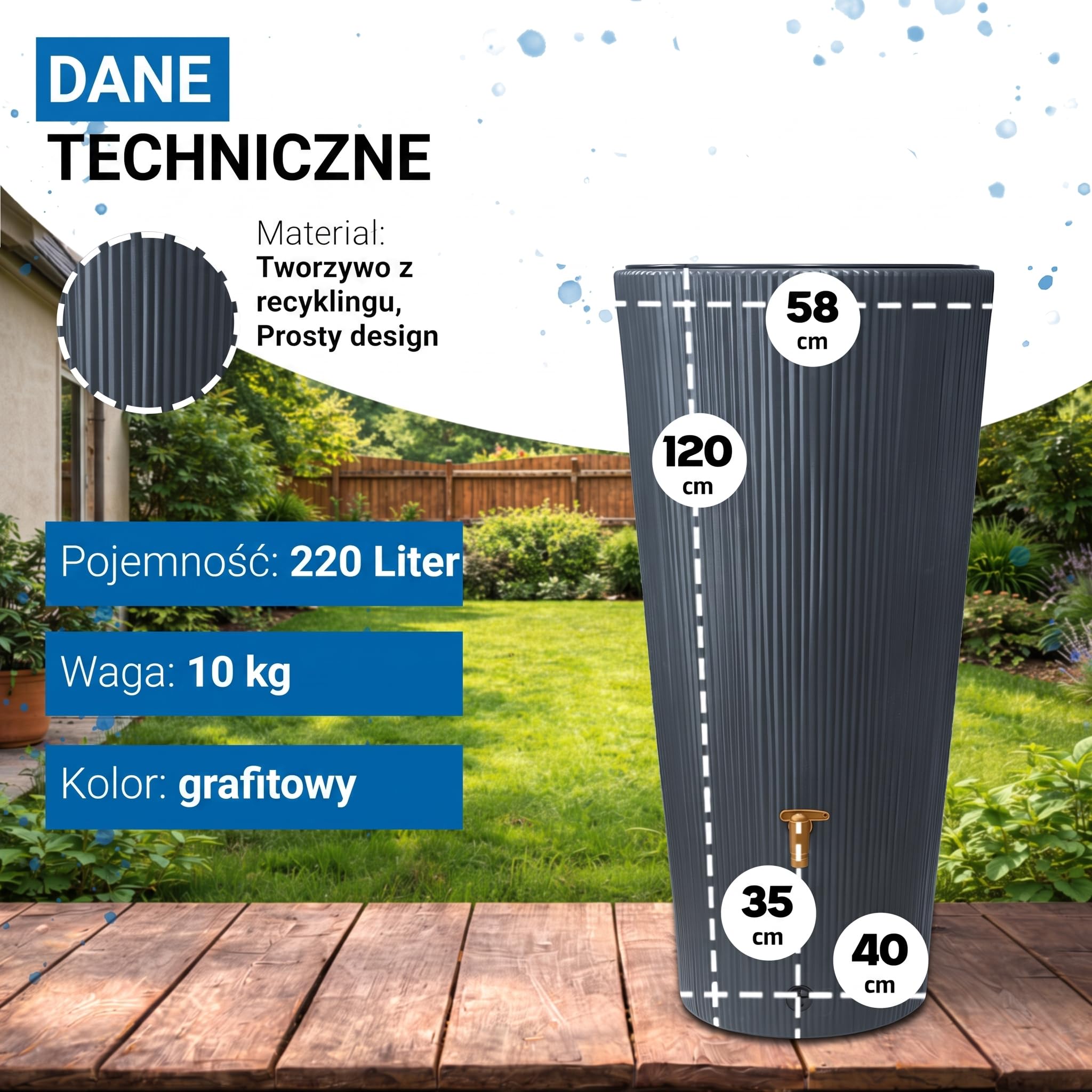 4rain VASO DECOR 2w1 zbiornik na deszczówkę 220 l, graphite grey | z misą na rośliny