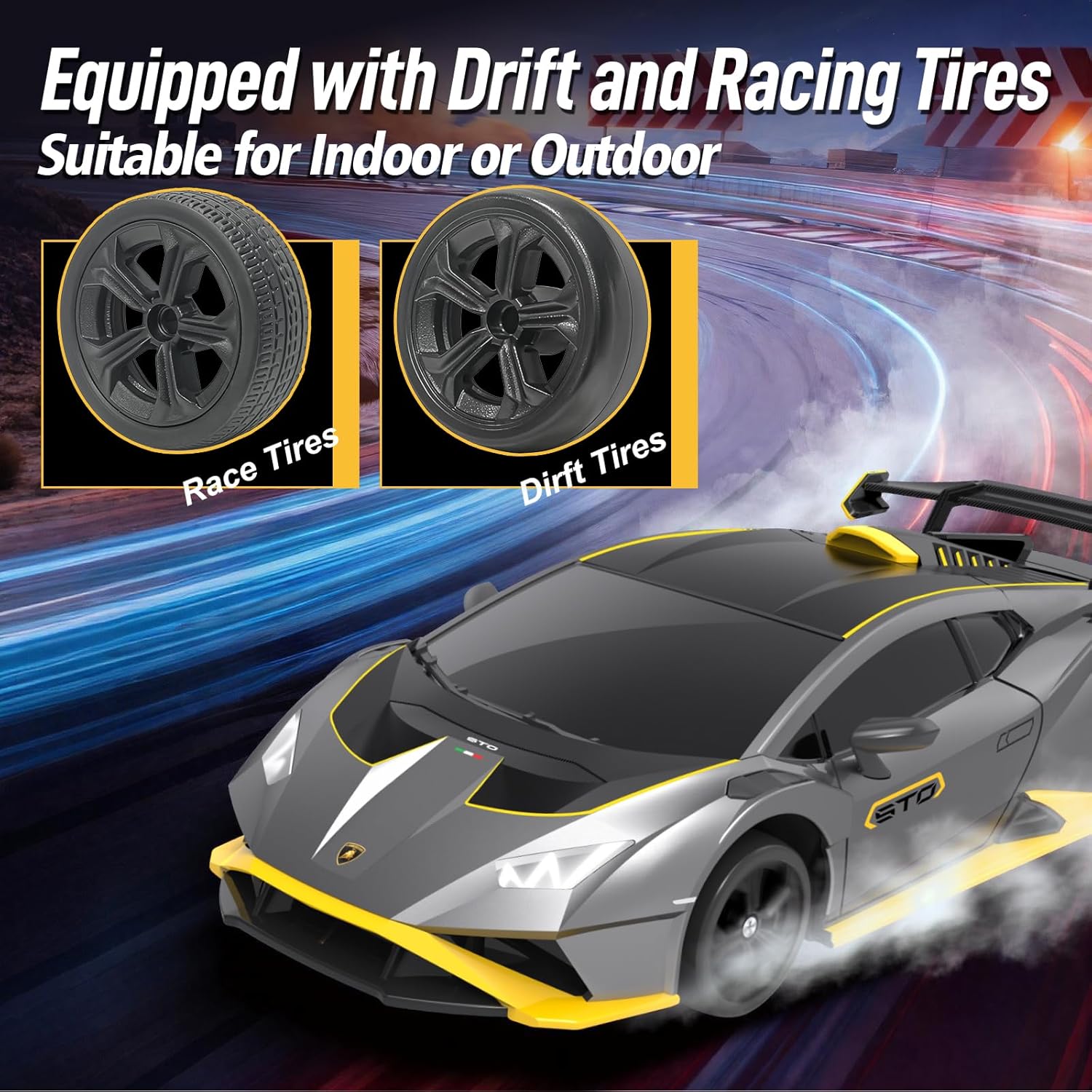 YONCHER RC Drift Car, Remote Control Car for Kids Lamborghini Officially Licensed, 1:24 20KM/H 4WD RC Cars with Lights, Fast Racing Toy Car for Boys Girls, Gray