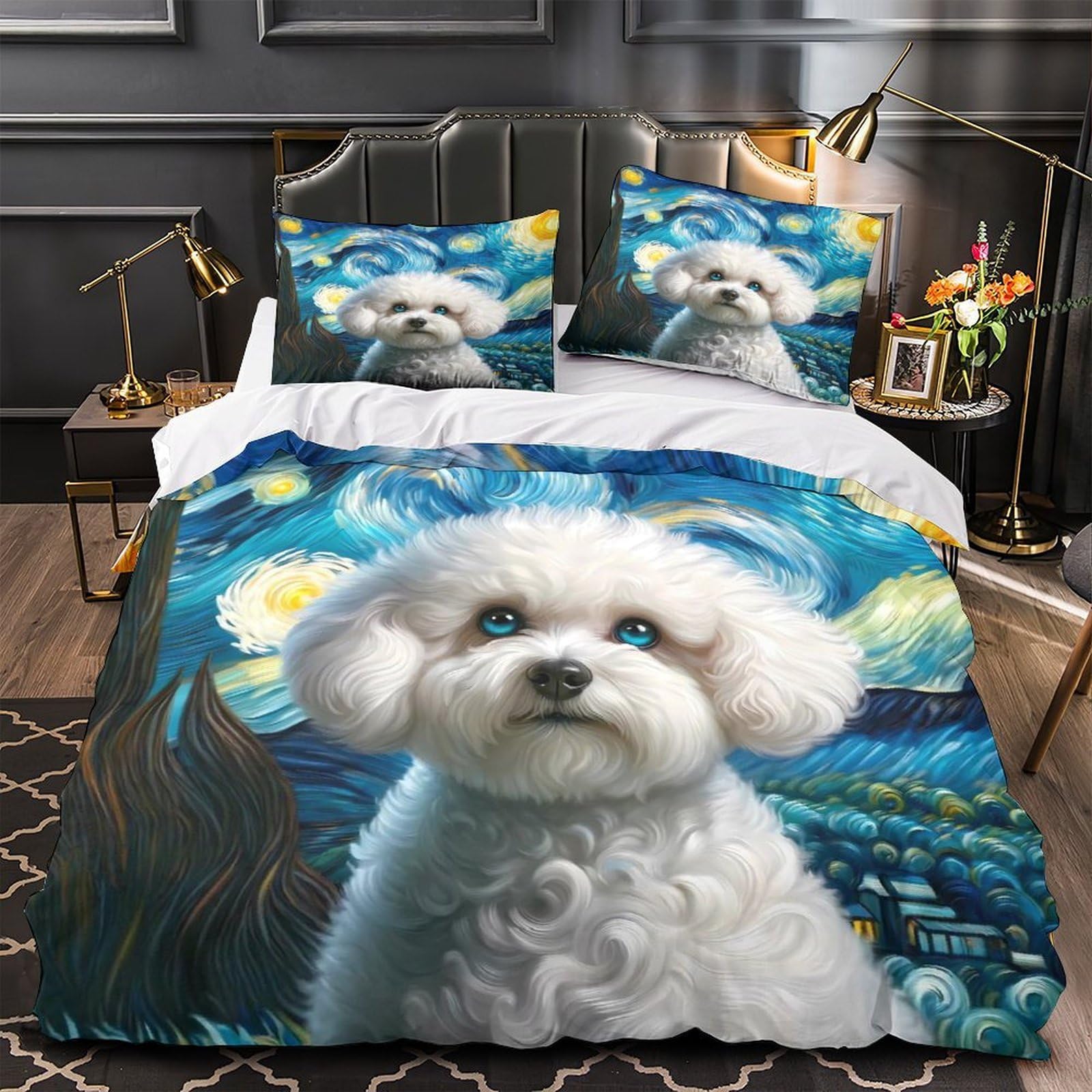 Parure de lit chien blanc mignon 140x200 avec housse de couette microfibre douce
