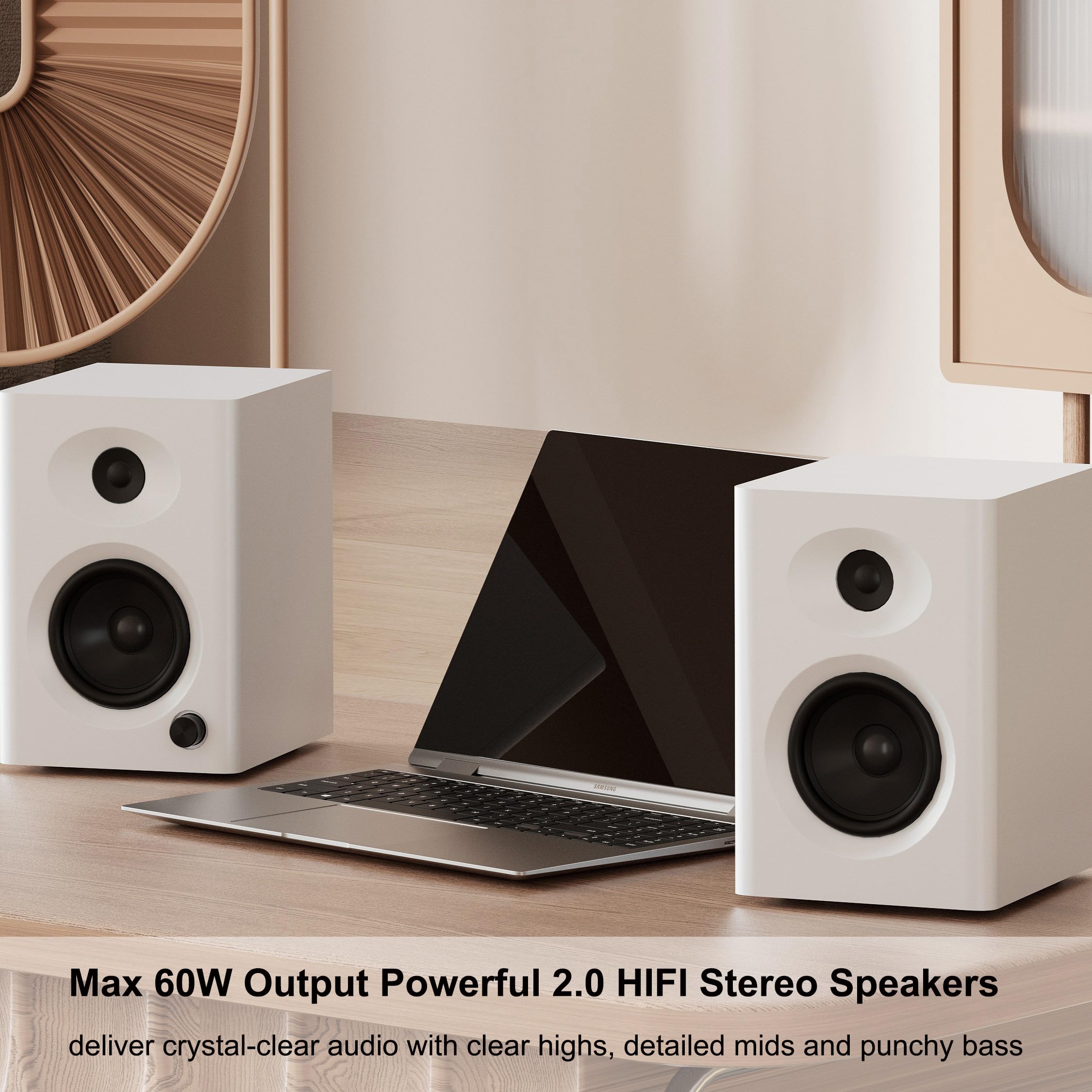 Computer Speakers for Desktop PC, 60W Powerful Sound with Deep Bass & Clear Treble – Compact Active Bookshelf Speakers for Home Office, Laptop, Music, Monitor (White, Pair)