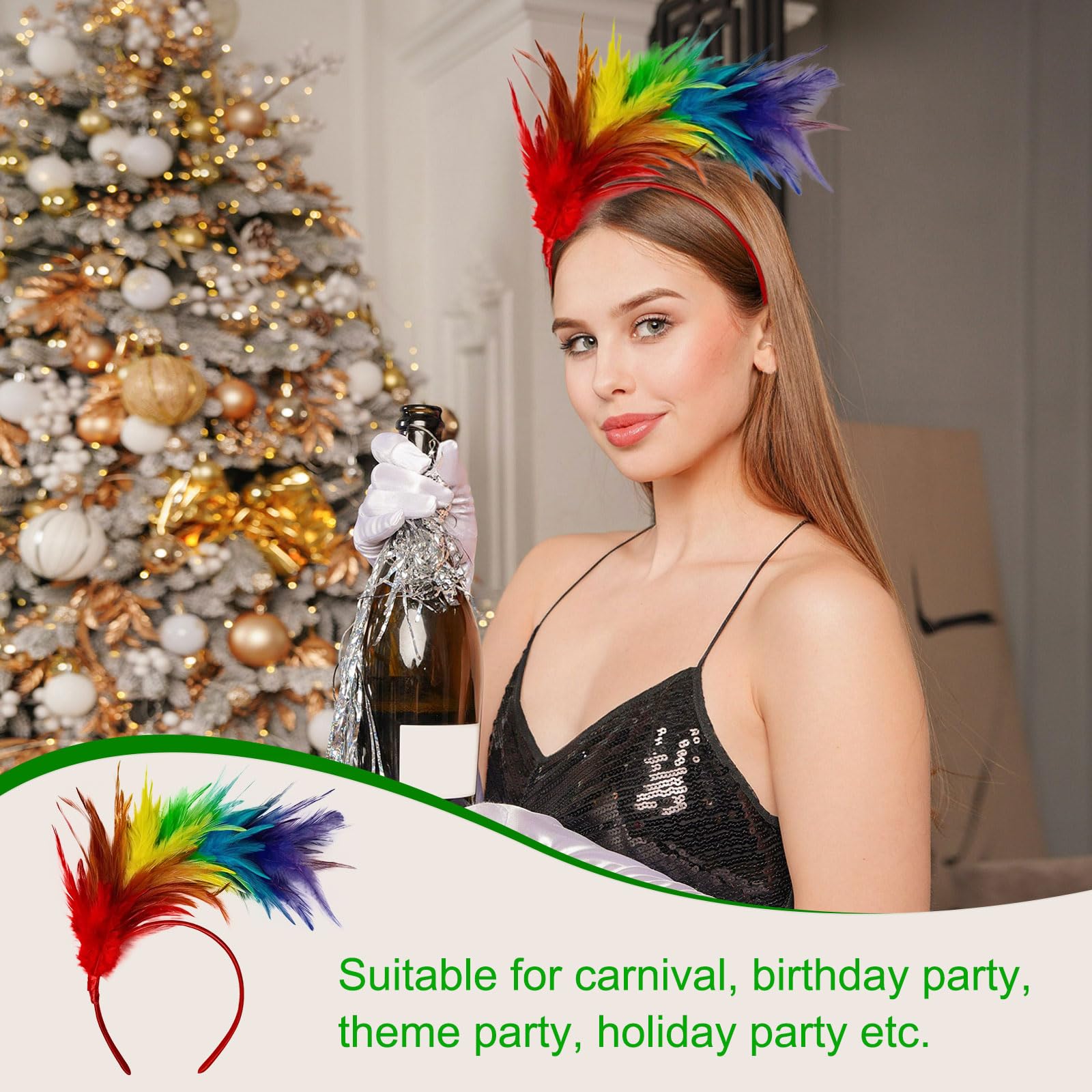 EUPSIIU 2 Pieces Rainbow Feather Headpieces, Carnival Headdress, Fascinators Hairbands, Party Headgear - Image 3