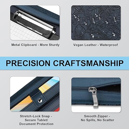 Vista 32 de Eshow Organizador de cartera, carpeta de 3 anillos con cremallera, carpeta de cuero vegano con bloc de notas, incluye 10 protectores de hojas Negro