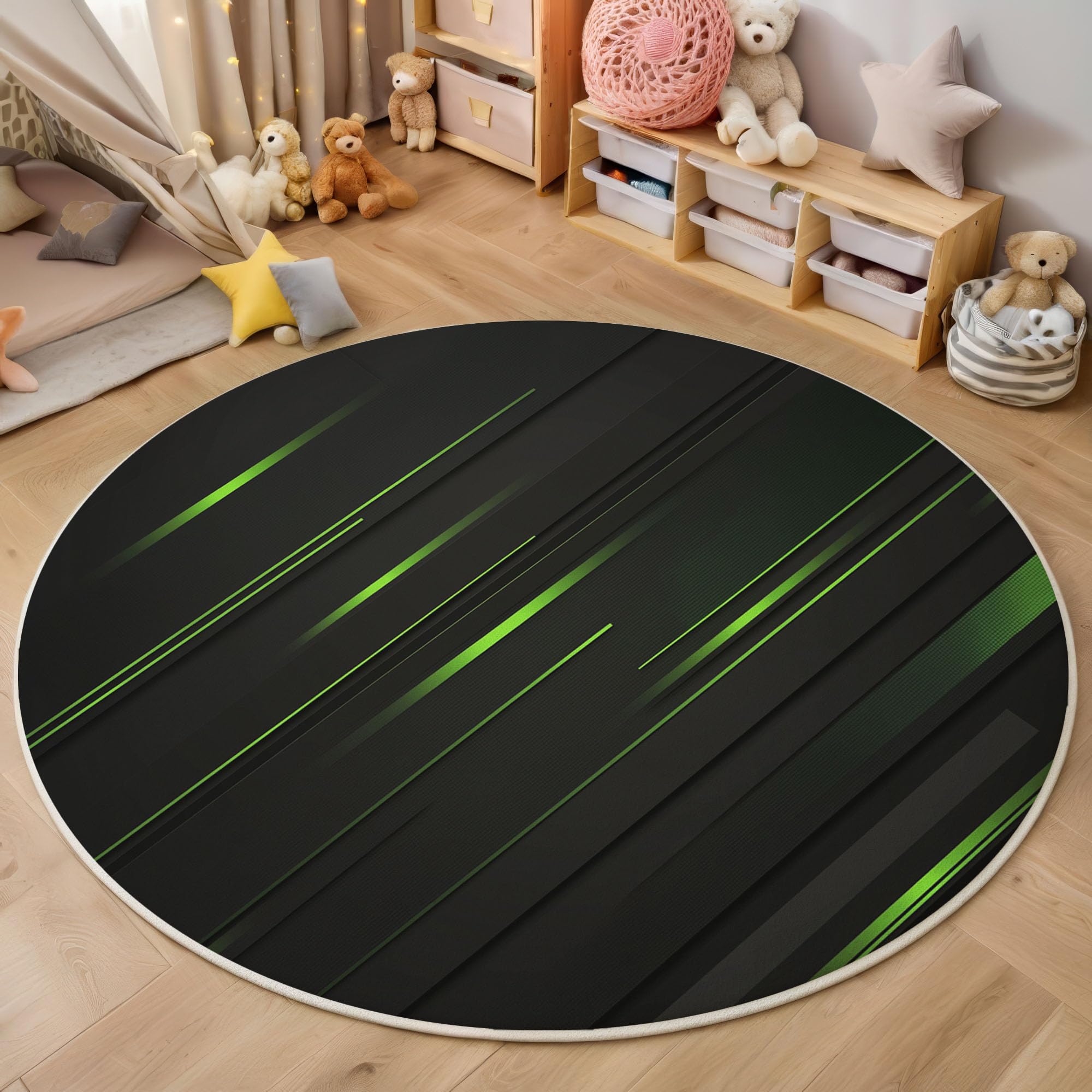 Tapis rond vert à lignes de 80cm pour cuisine et salon lavable