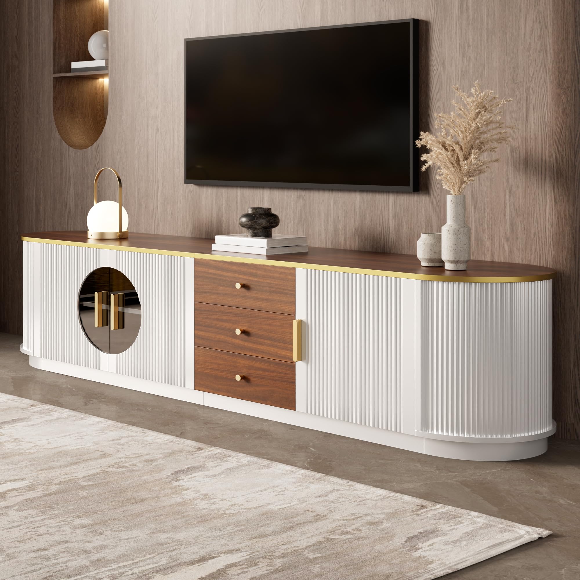 Meuble TV,Support Télé,3 Portes,2 Etagères,3 Tiroirs,Longueur 180cm,Table Télé de Salon,Armoire Basse Moderne en Bois Salle de Séjour Intérieur,Ovale