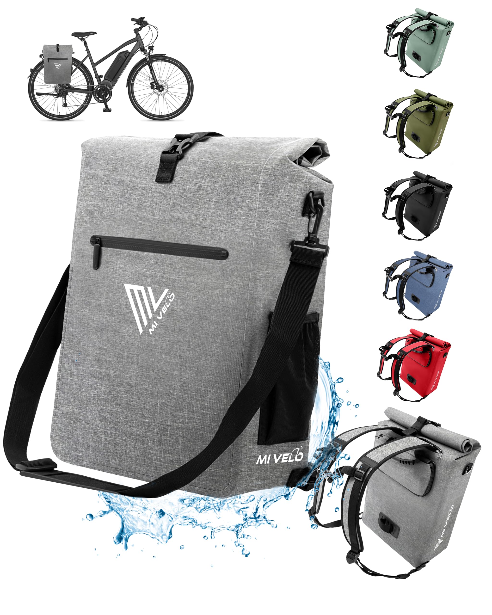 MIVELO Fahrradtasche für Gepäckträger - 3in1 Gepäckträgertasche Rucksack Umhängetasche - 100% wasserdicht und PVC-frei - mit herausnehmbarer Laptoptasche (Grau)