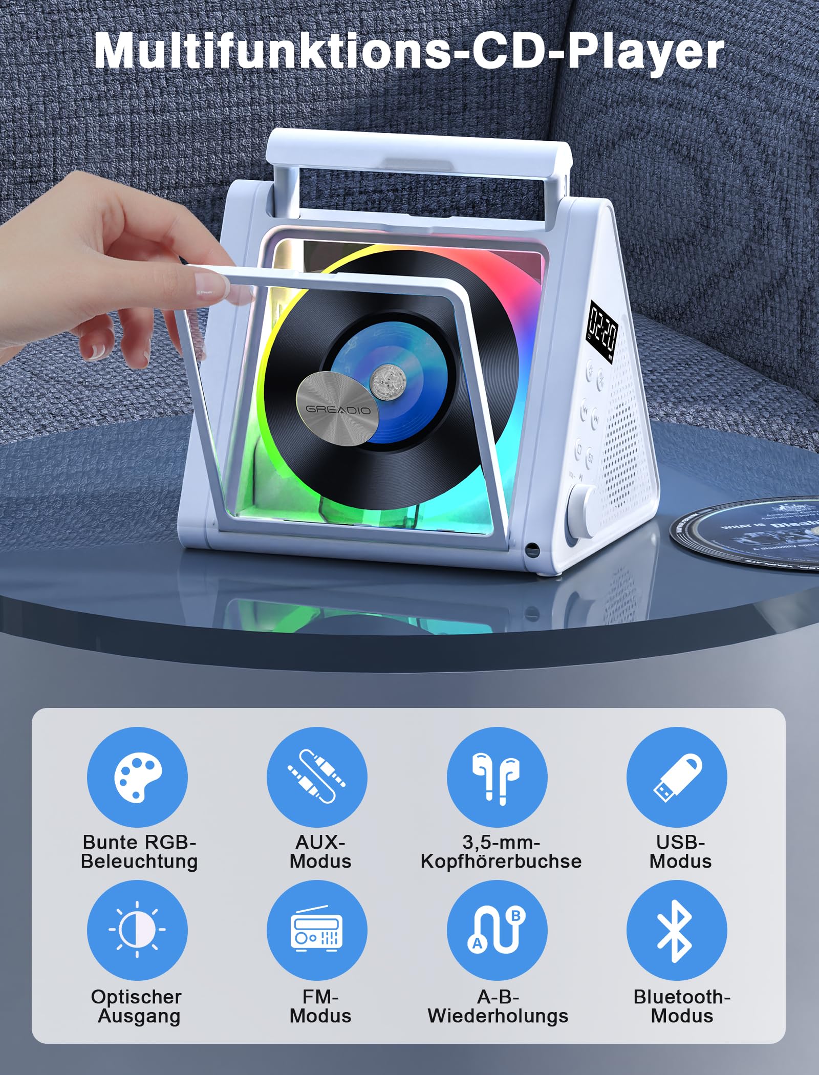 Greadio CD Player Tragbar, 4000mAh Wiederaufladbarer FM Radio mit Stereoanlage und Bluetooth 5.3, USB, AUX, Fernbedienung, 2 * 10W-HiFi-Sound-Lautsprecher, RGB-Farbige Lichter MP3 CD Player Kinder