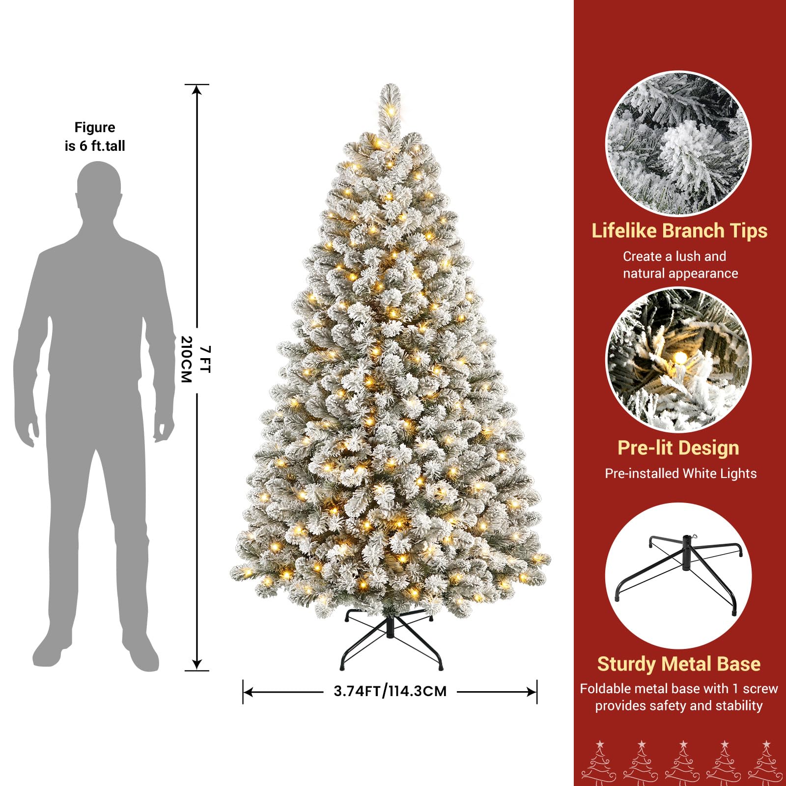 SHareconn Albero di Natale Artificiale 210cm Neve e Luci LED 320 LED Bianco Caldo, 8 Modalità, Pieghevole & Antifiamma