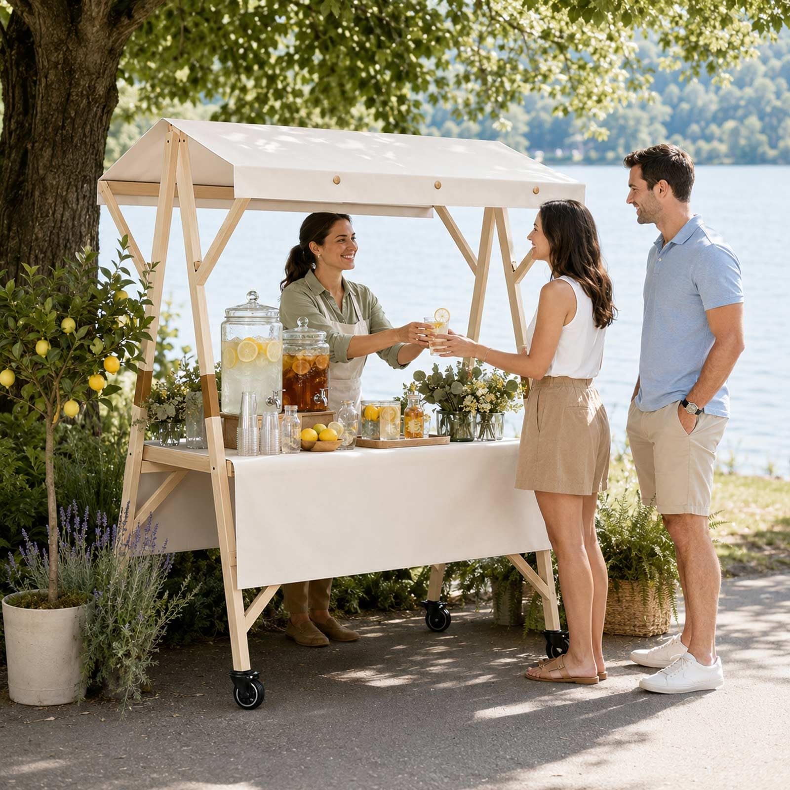 Carrito De Venta Portátil con Toldo, Carritos De Comida Móviles con Ruedas con Bloqueo, Puesto Ambulante Plegable, Kiosco Snack Madera, Stand Exhibición para Bazar Y Catering(White,L 120cm/47.2in)