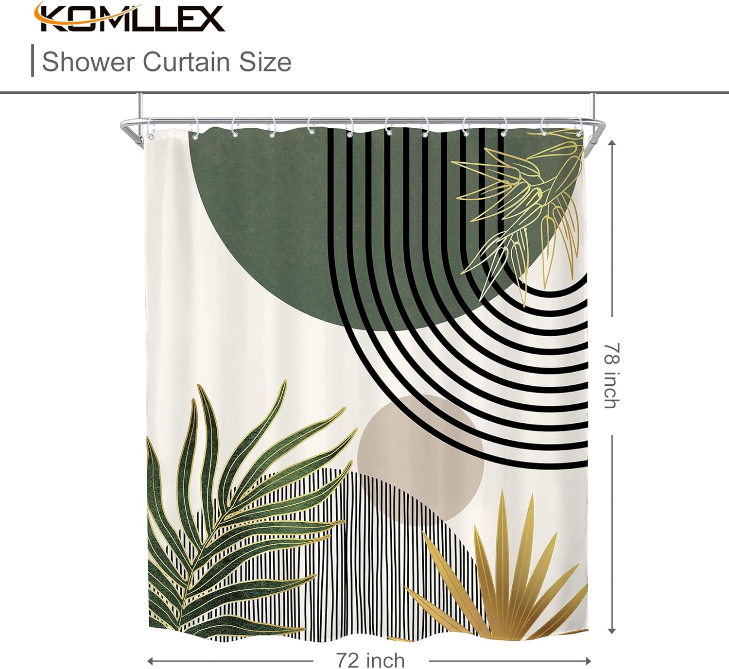 KOMLLEX Mid Century Green Boho Shower Curtain 72Wx78L Inches Abstract Modern Shower Curtains for Bathroom Gold Plant Botanical Minimalist Arch Sun Fabric Liner Waterproof Polyester 12 Pack Hooks