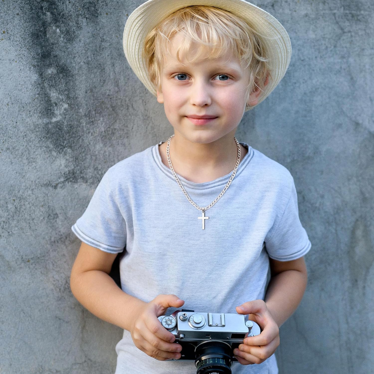 IEFLIFE Easter Basket Stuffers - Cross Necklace Easter Gifts for Men Boys, Silver Figaro Chain Cross Necklace Jewelry, Christian Baptism Gifts for Boys, Birthday Gift for Dad Husband Son Grandson