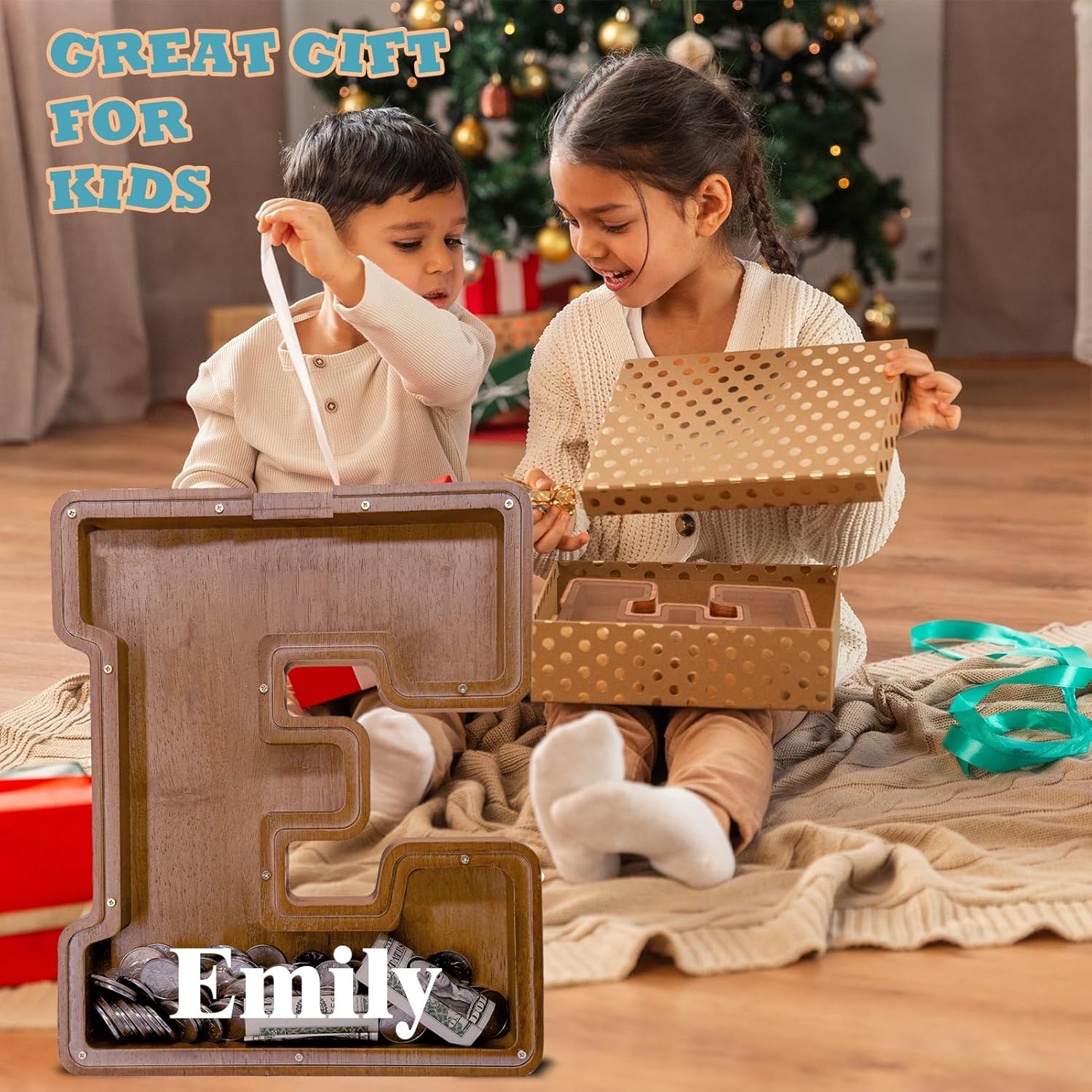 Wooden Letter Piggy Bank for Kids Larger Letter Piggy Bank for Boys and Girls Personalized Piggy Bank Initial Coin Bank Wood Kids Money Bank for Birthday and Festival