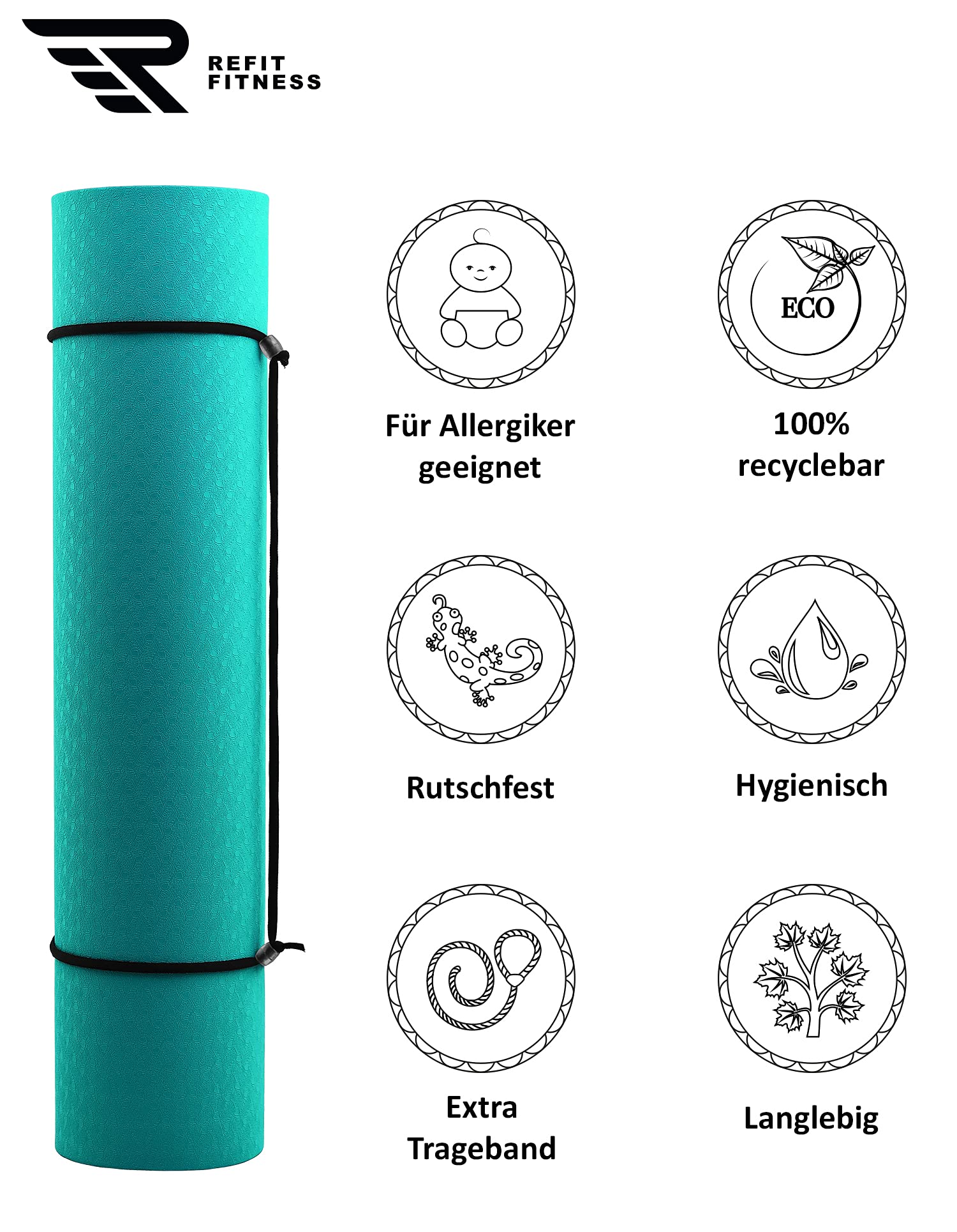 Tappetino da yoga 190 x 60 x 0,6 cm [GeckoGrip & Sensi-Plus TPE] tappetino da yoga antiscivolo privo di sostanze nocive + tracolla – Tappetino sportivo per ginnastica sport – ora