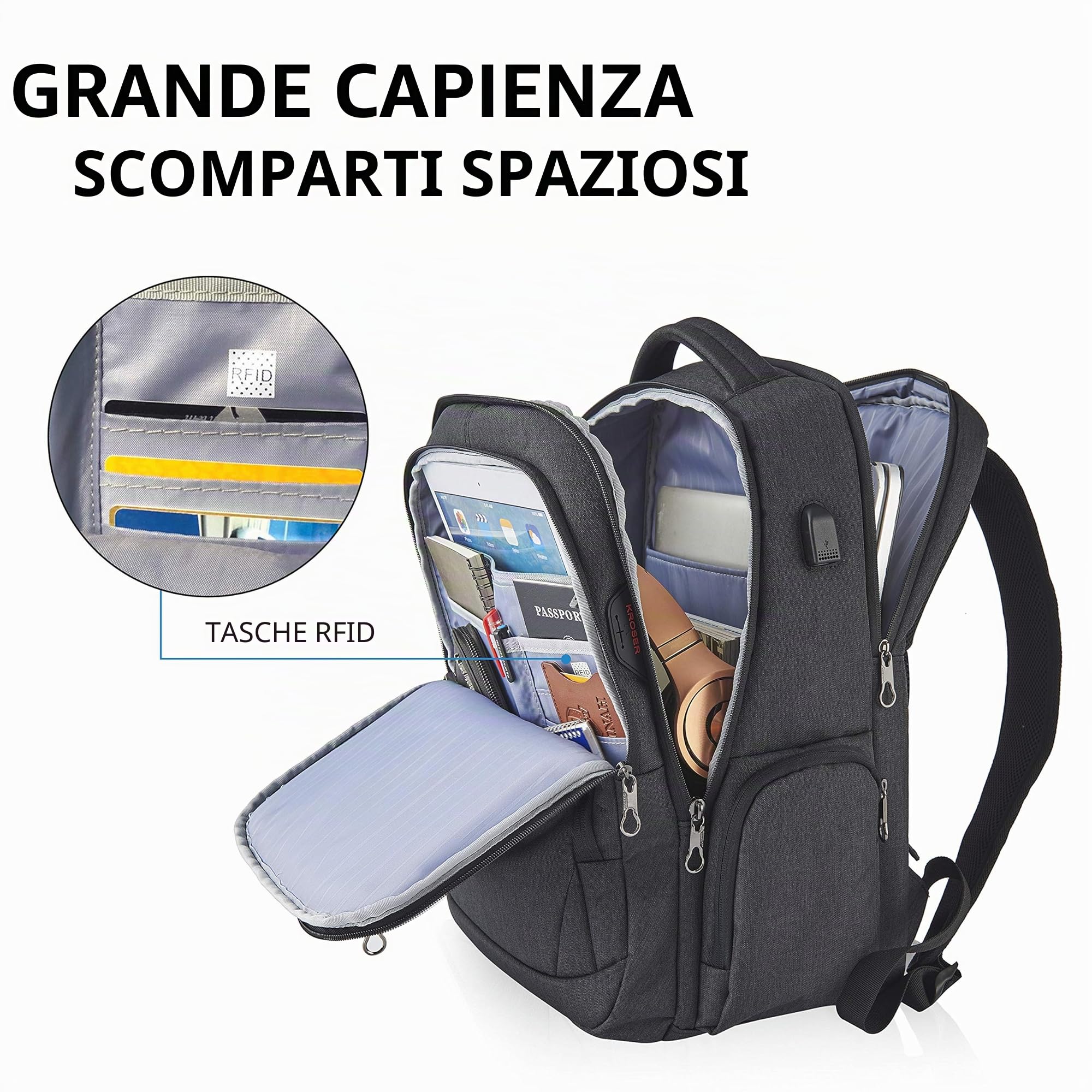 KROSER Zaino per computer portatile da 17,3 pollici, grande borsa | Zaino per computer portatile da 17,3 pollici, grande borsa impermeabile affari, università, uomini, donne
