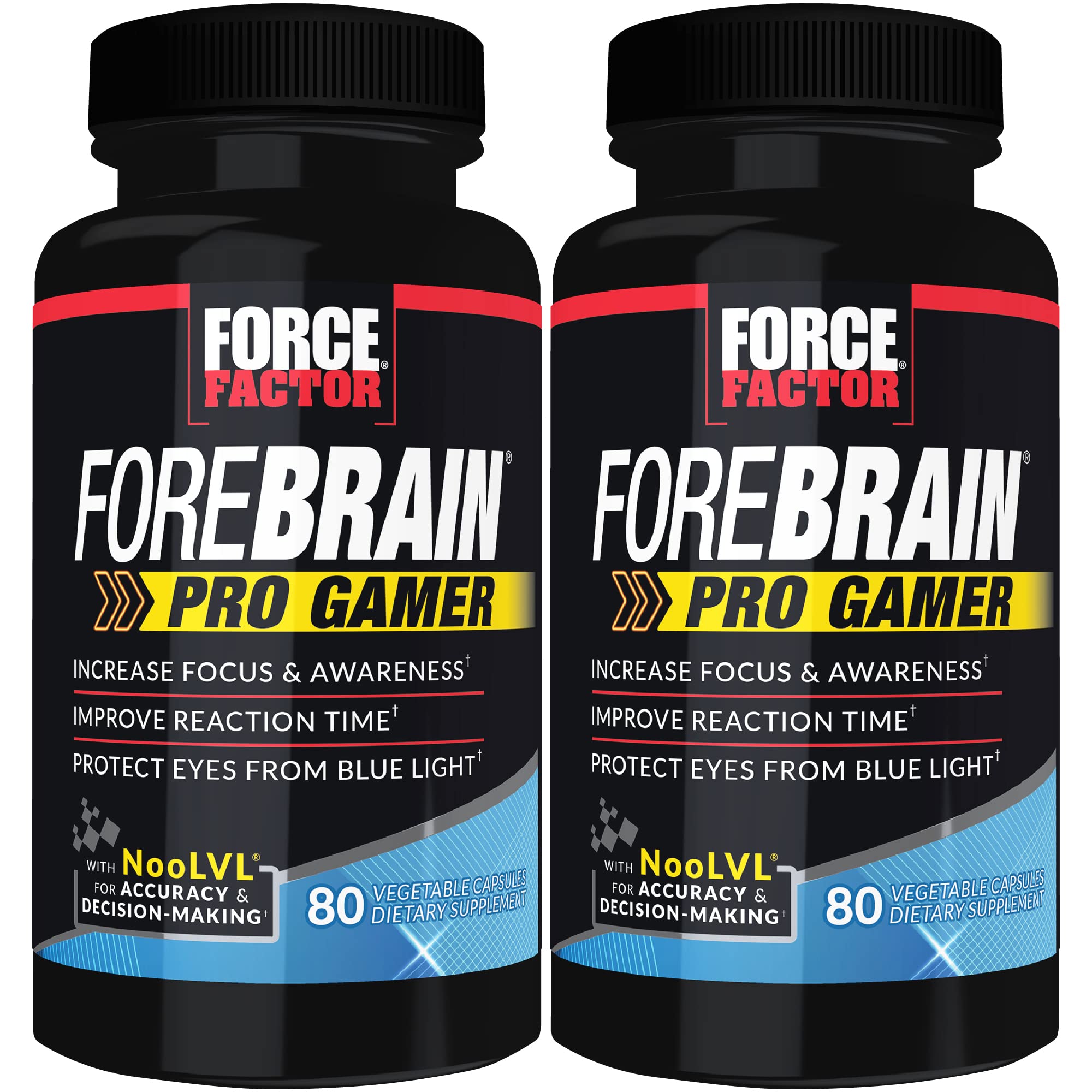 Force FactorForebrain Pro Gamer Brain Booster, Supps to Increase Focus & Awareness, Improve Reaction Time, Protect Eyes from Blue Light, Gaming Supplement, Nootropic, 160 Capsules, 2-Pack, Black