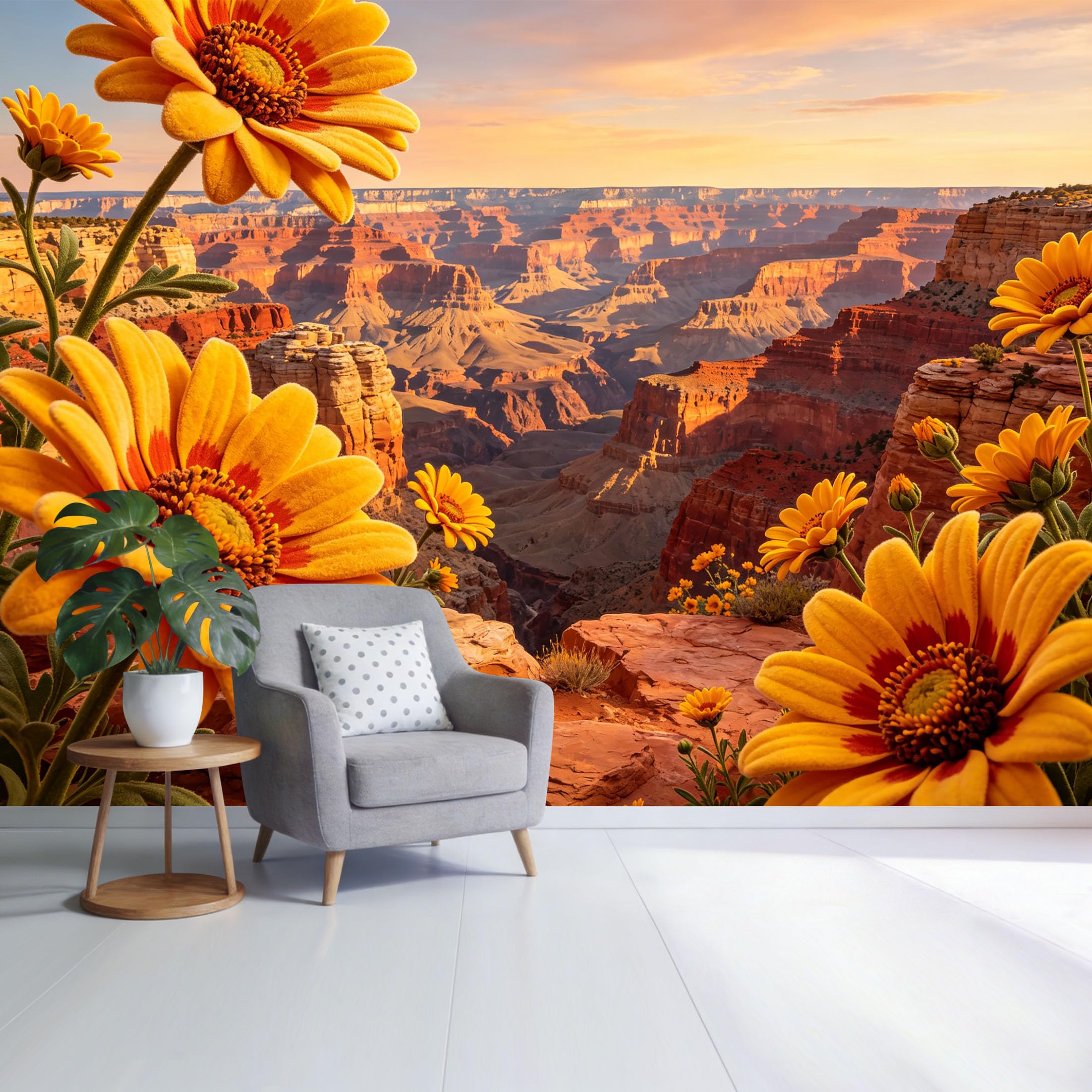 Custom Size Wall Mural Canyon Landscape Golden Daisy Flowers Sunset View SelfAdhesive Wall Fabric Removable Wallpaper for Home Office Decor