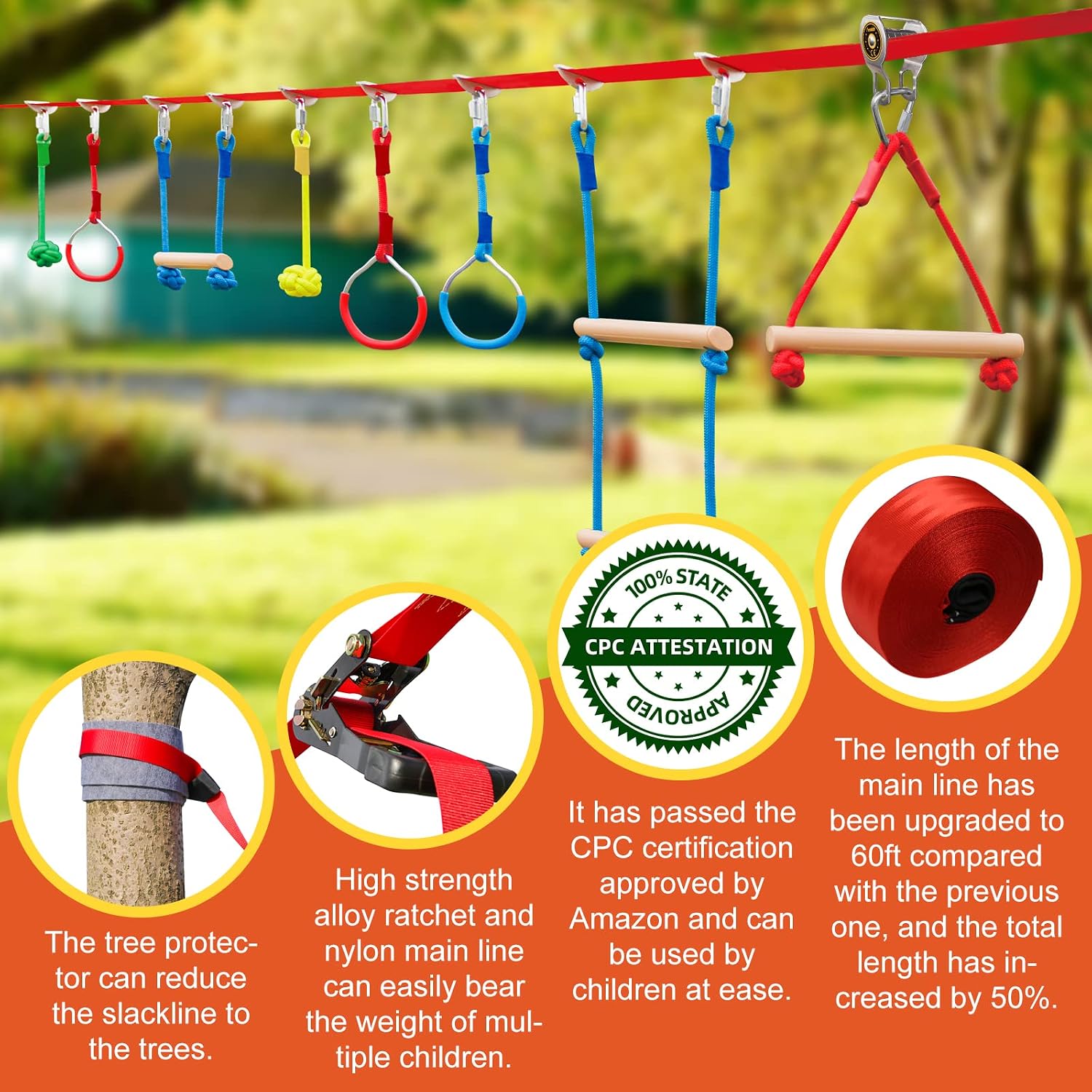 Perantlb 60ft Ninja Slackline with Zipline Slide Pully-Ninja Warrior Obstacle Course for Kids with 8 Pcs Accessories,Tree Protector & Carry Bag